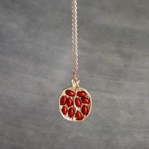 Rose Gold Pomegranate Necklace, maroon red seeds, fruit necklace, fertility necklace, pomegranate pendant, open half pomegranate, seed necklace