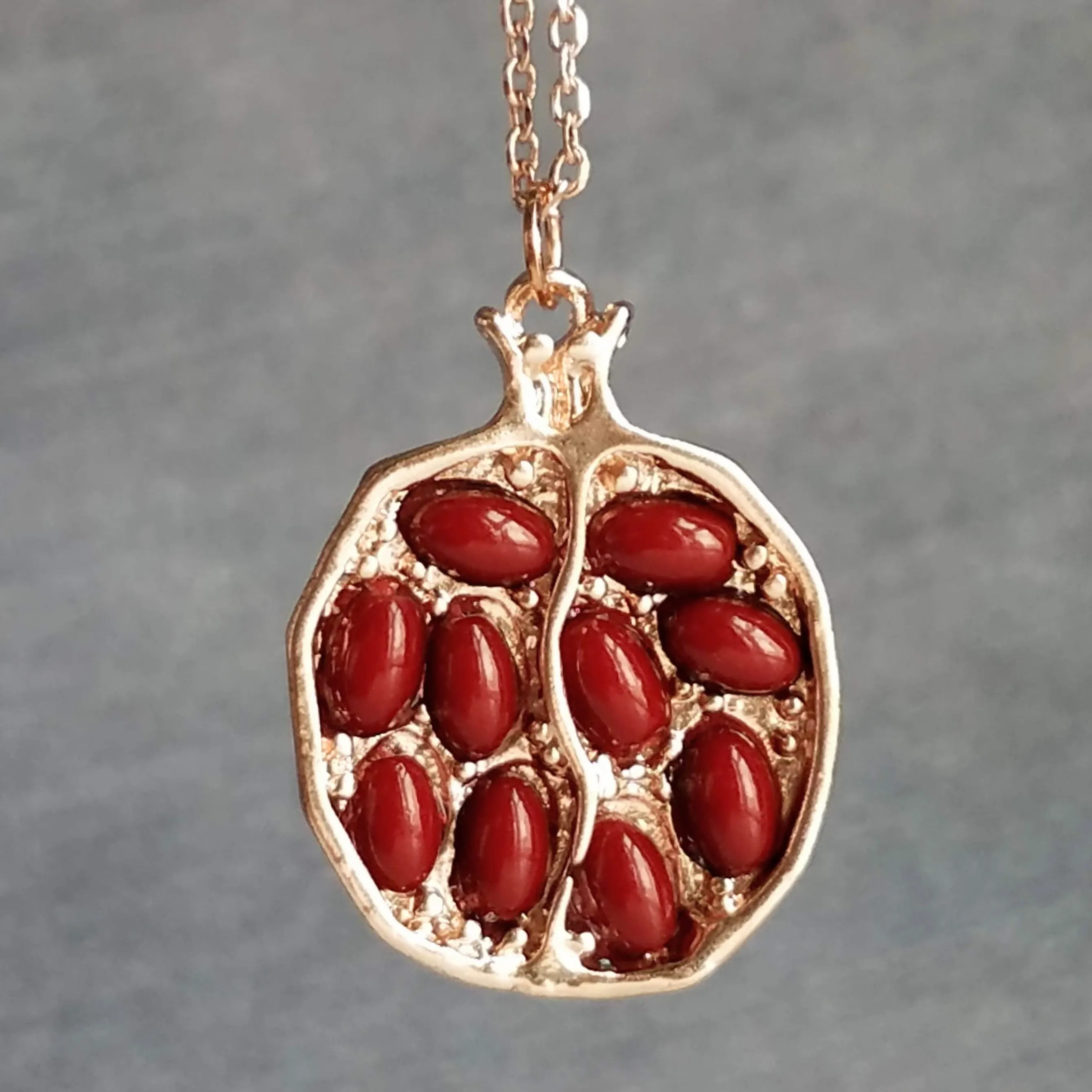 Rose Gold Pomegranate Necklace, maroon red seeds, fruit necklace, fertility necklace, pomegranate pendant, open half pomegranate, seed necklace