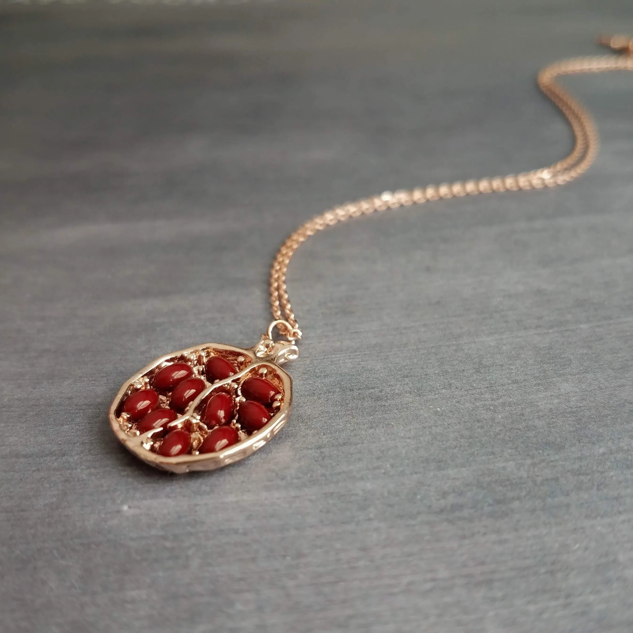 Rose Gold Pomegranate Necklace, maroon red seeds, fruit necklace, fertility necklace, pomegranate pendant, open half pomegranate, seed necklace