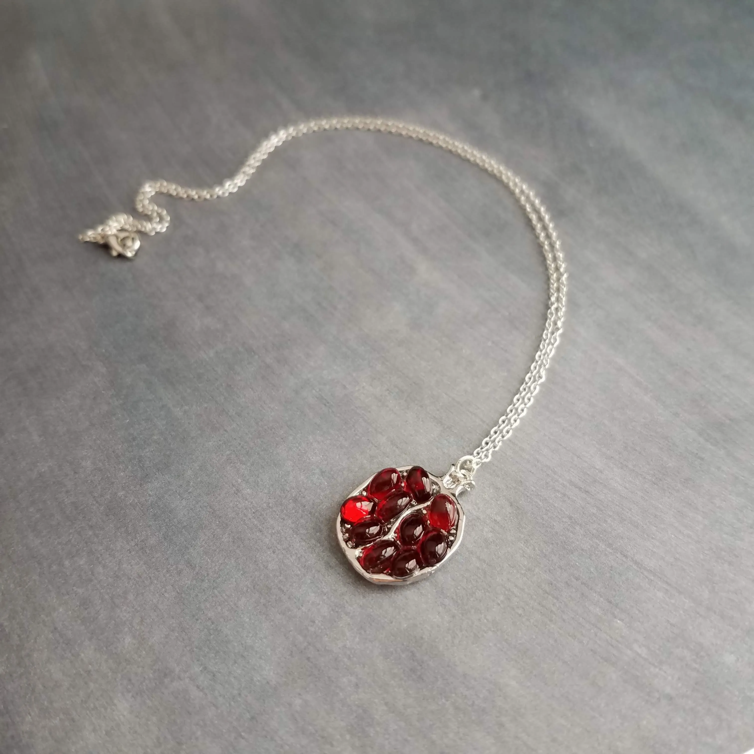 Rose Gold Pomegranate Necklace, maroon red seeds, fruit necklace, fertility necklace, pomegranate pendant, open half pomegranate, seed necklace