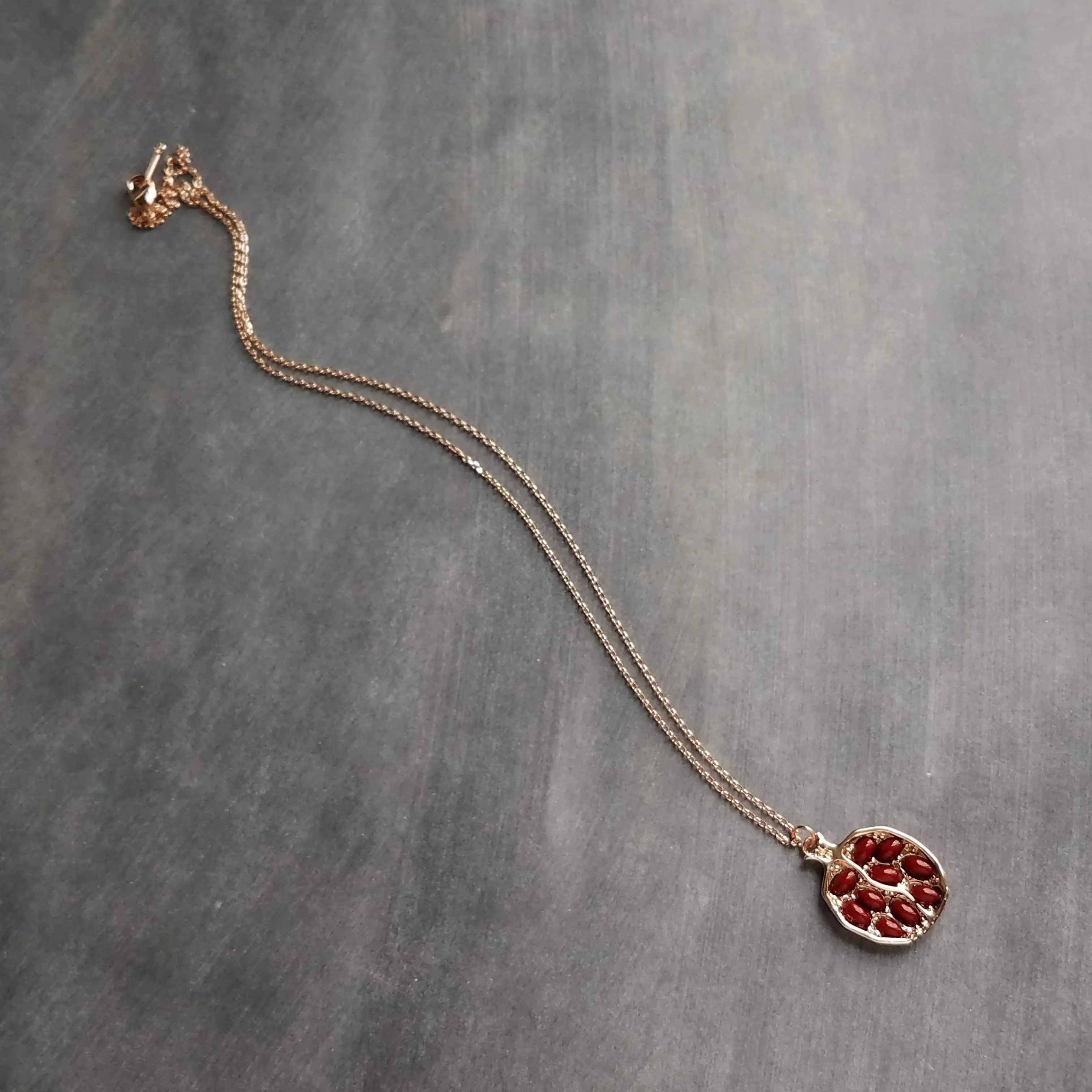 Rose Gold Pomegranate Necklace, maroon red seeds, fruit necklace, fertility necklace, pomegranate pendant, open half pomegranate, seed necklace
