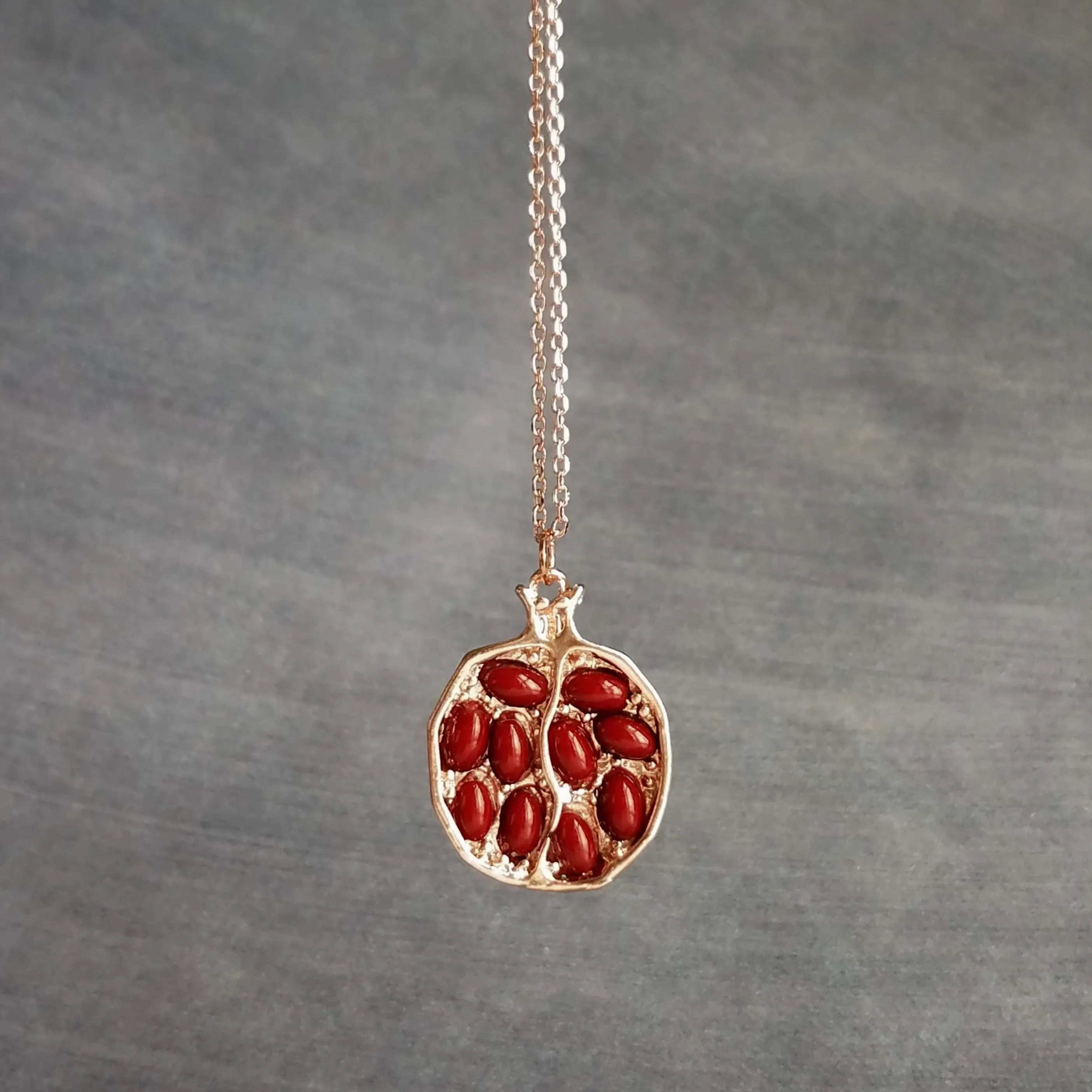 Rose Gold Pomegranate Necklace, maroon red seeds, fruit necklace, fertility necklace, pomegranate pendant, open half pomegranate, seed necklace