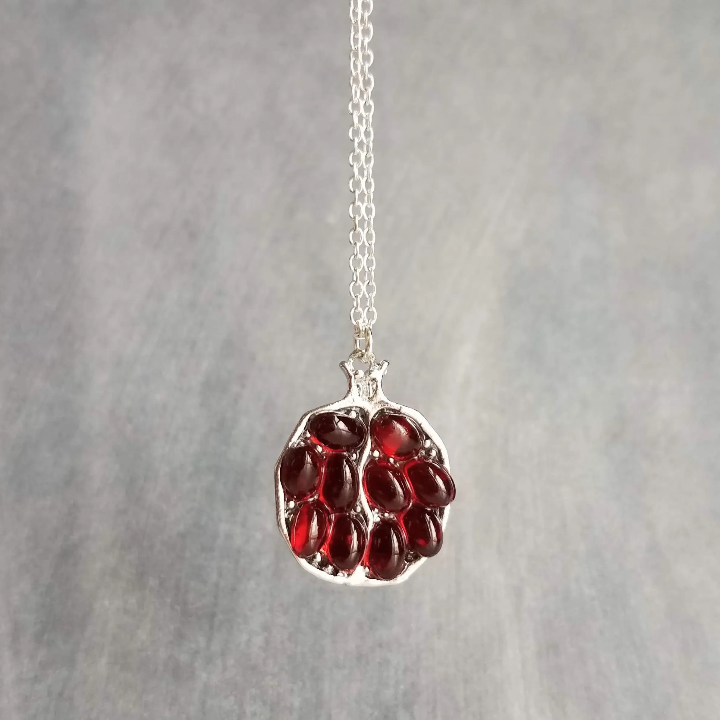 Rose Gold Pomegranate Necklace, maroon red seeds, fruit necklace, fertility necklace, pomegranate pendant, open half pomegranate, seed necklace