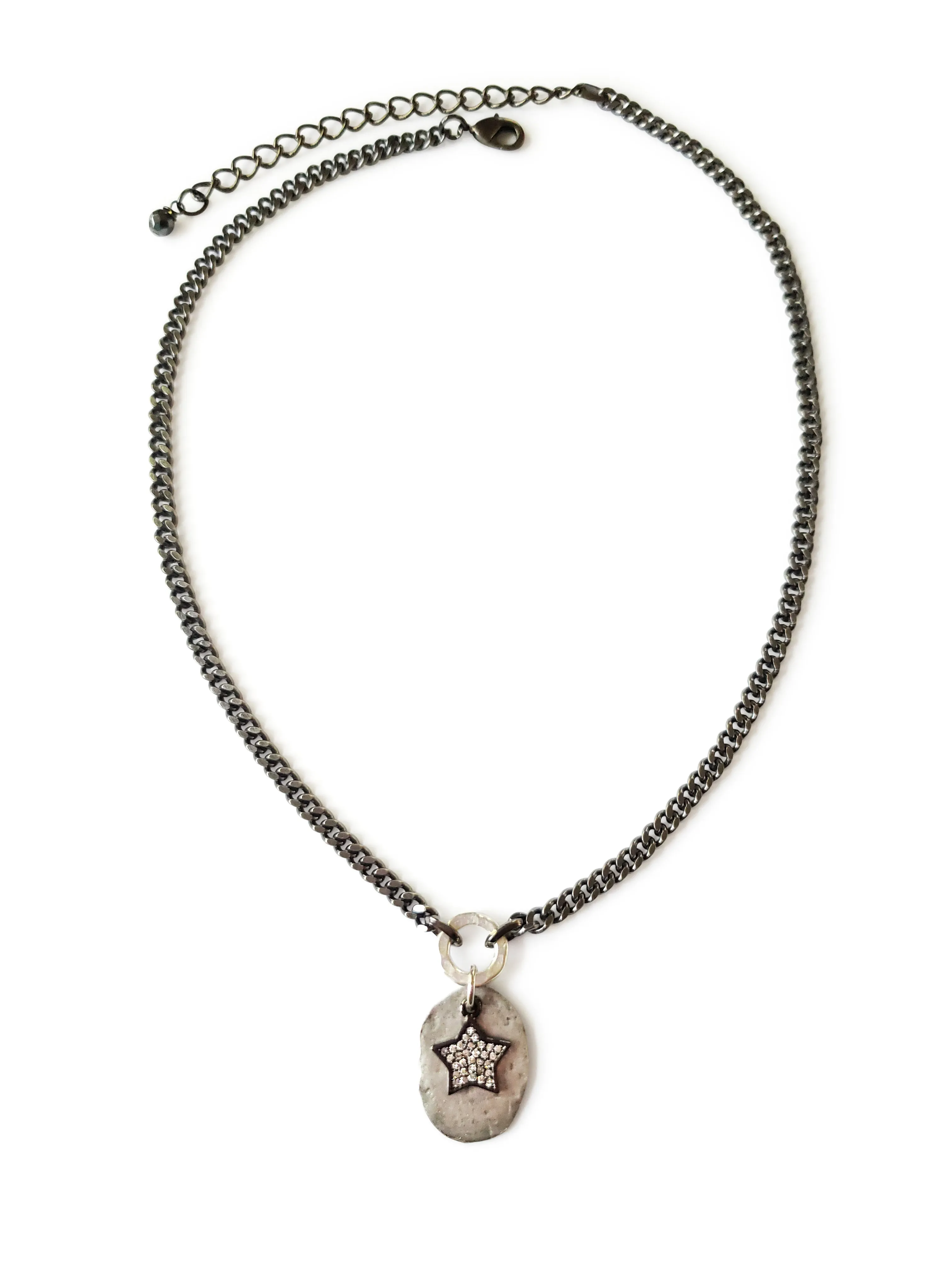 Short Crystal Star Silver Disc Necklace