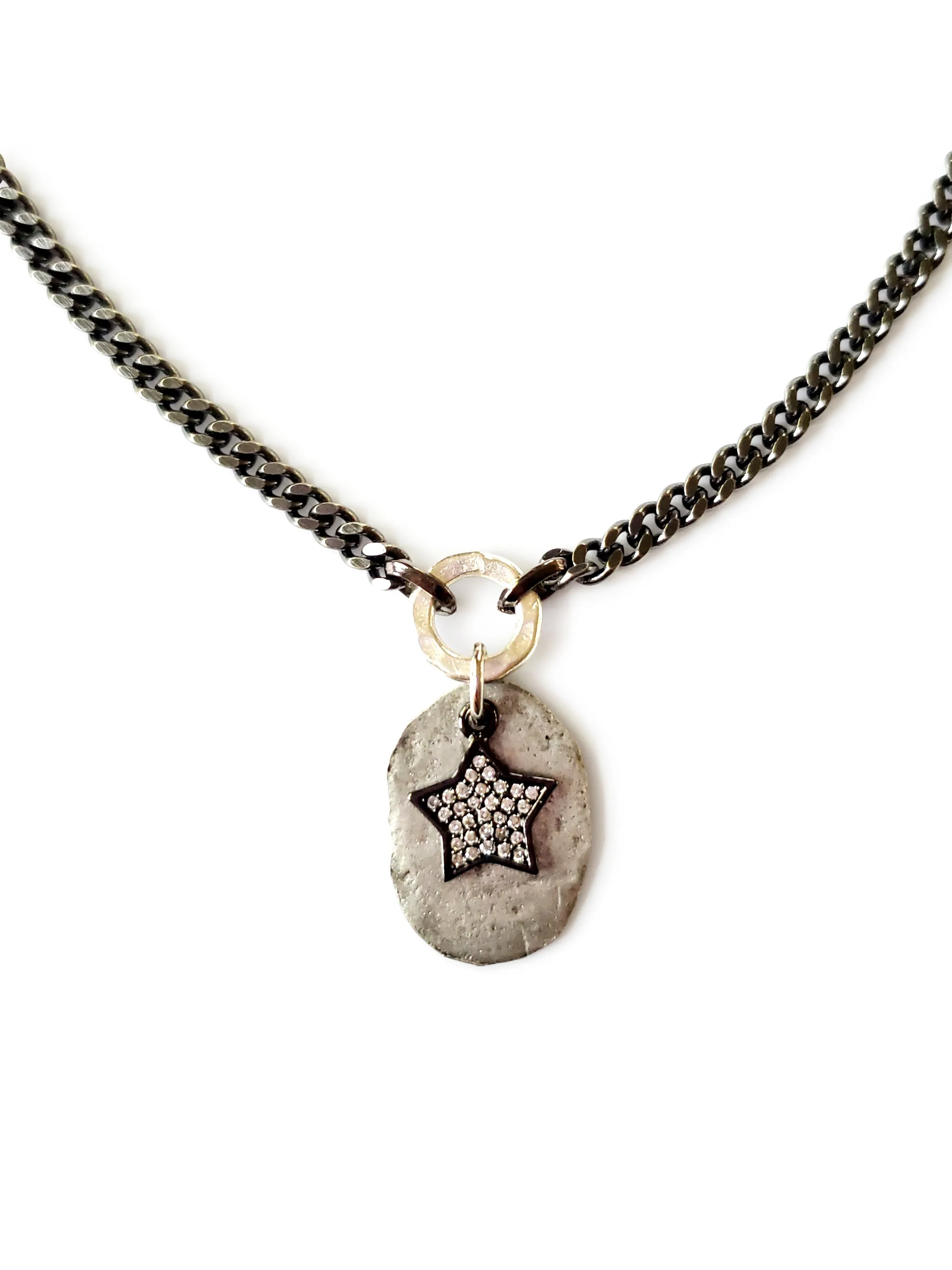 Short Crystal Star Silver Disc Necklace
