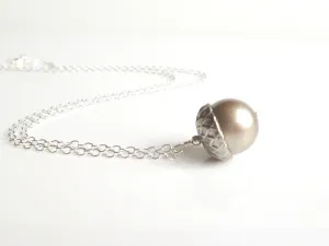 Silver Acorn Necklace - genuine Swarovski pearl pendant capped in matte silver/pewter on a delicate silver plated chain - Squirrel Nut