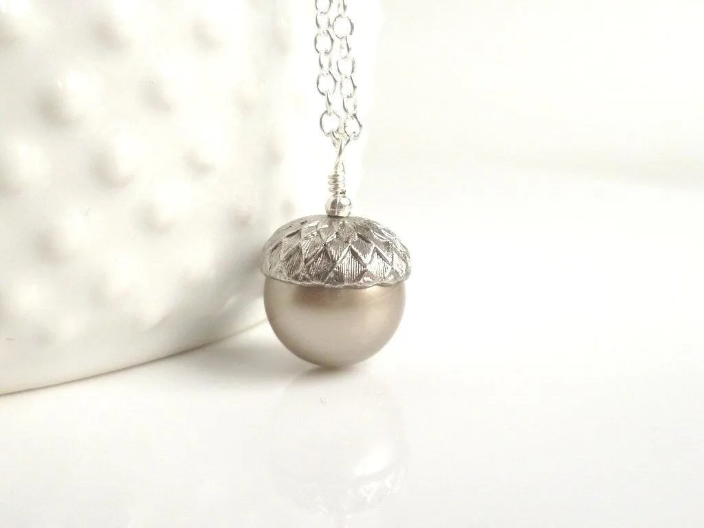 Silver Acorn Necklace - genuine Swarovski pearl pendant capped in matte silver/pewter on a delicate silver plated chain - Squirrel Nut