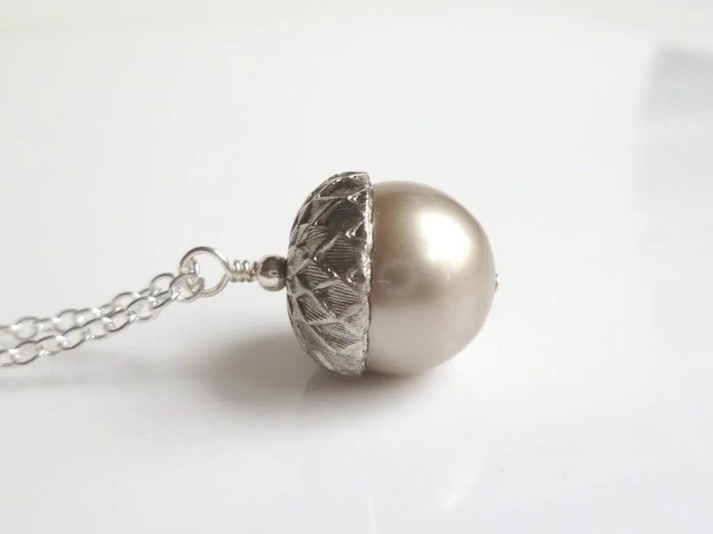 Silver Acorn Necklace - genuine Swarovski pearl pendant capped in matte silver/pewter on a delicate silver plated chain - Squirrel Nut