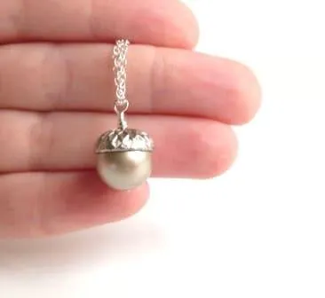 Silver Acorn Necklace - genuine Swarovski pearl pendant capped in matte silver/pewter on a delicate silver plated chain - Squirrel Nut