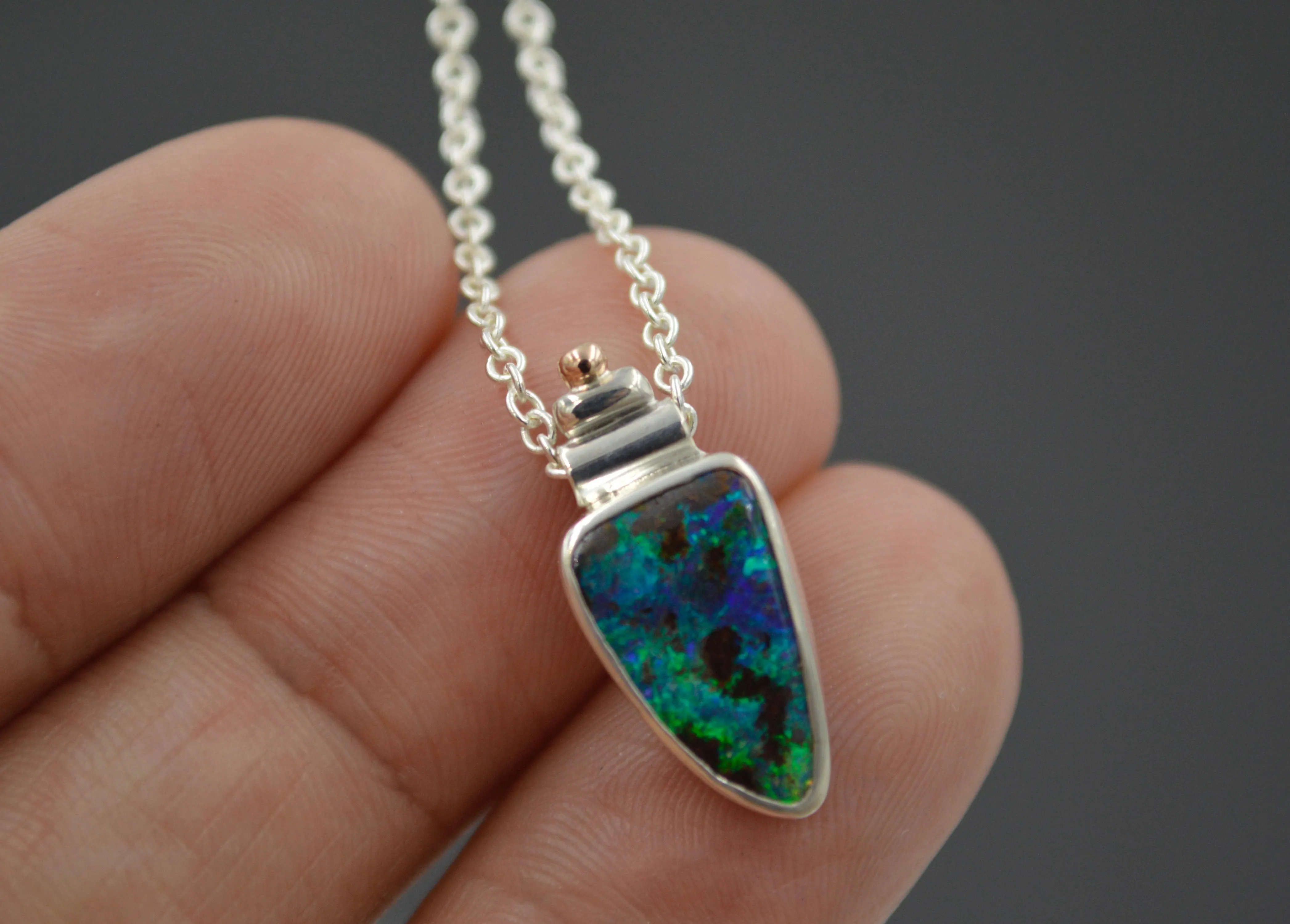 Silver and Rose Gold Bright Green and Blue Boulder Opal Necklace OOAK