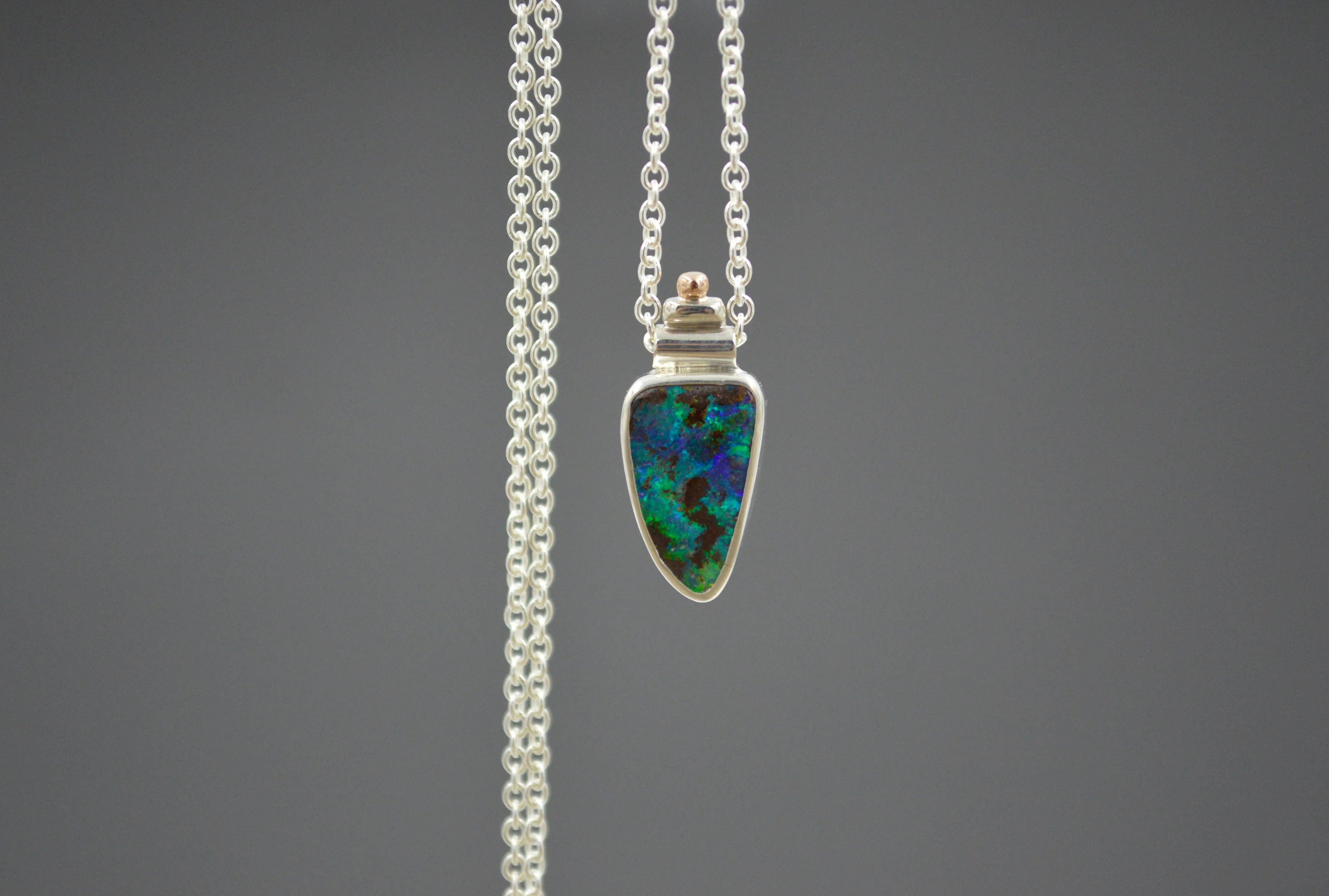 Silver and Rose Gold Bright Green and Blue Boulder Opal Necklace OOAK