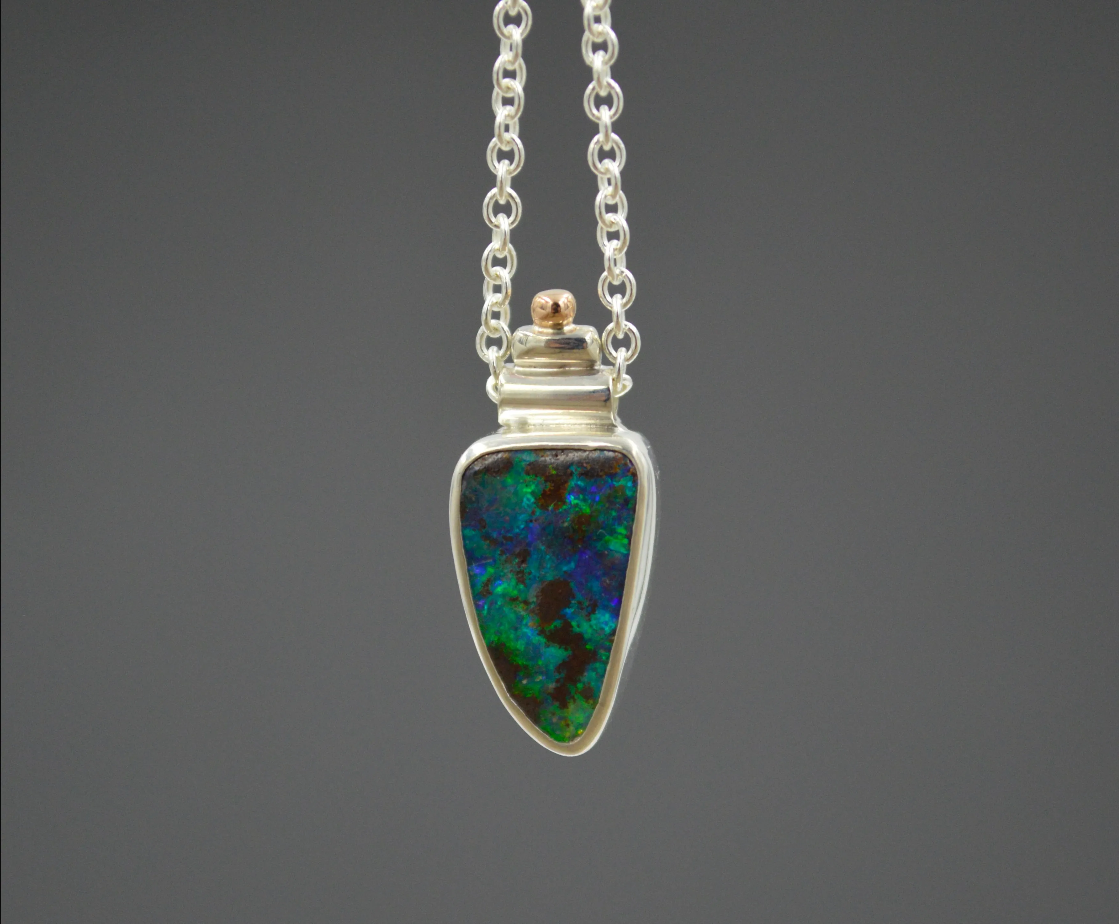 Silver and Rose Gold Bright Green and Blue Boulder Opal Necklace OOAK