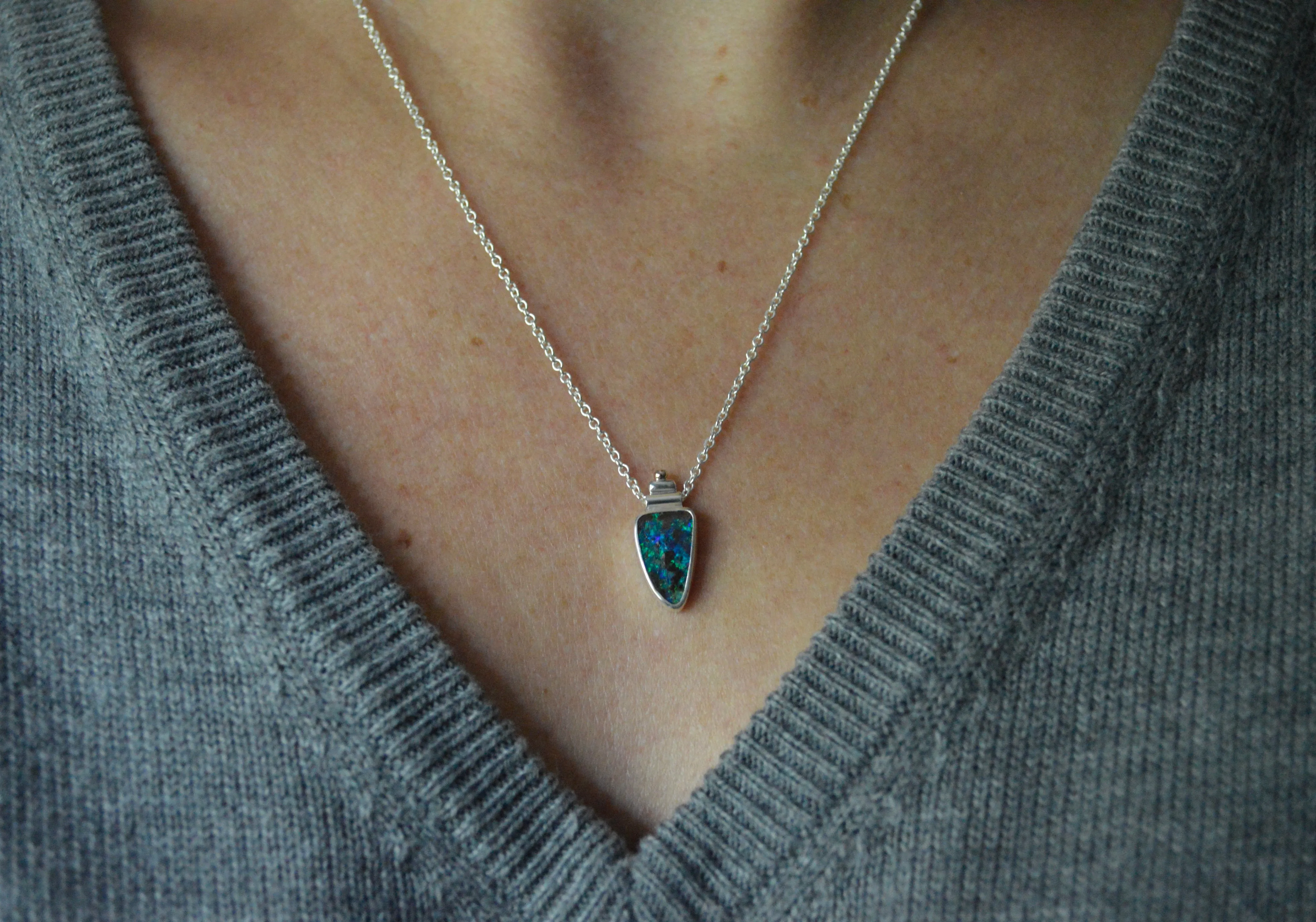 Silver and Rose Gold Bright Green and Blue Boulder Opal Necklace OOAK