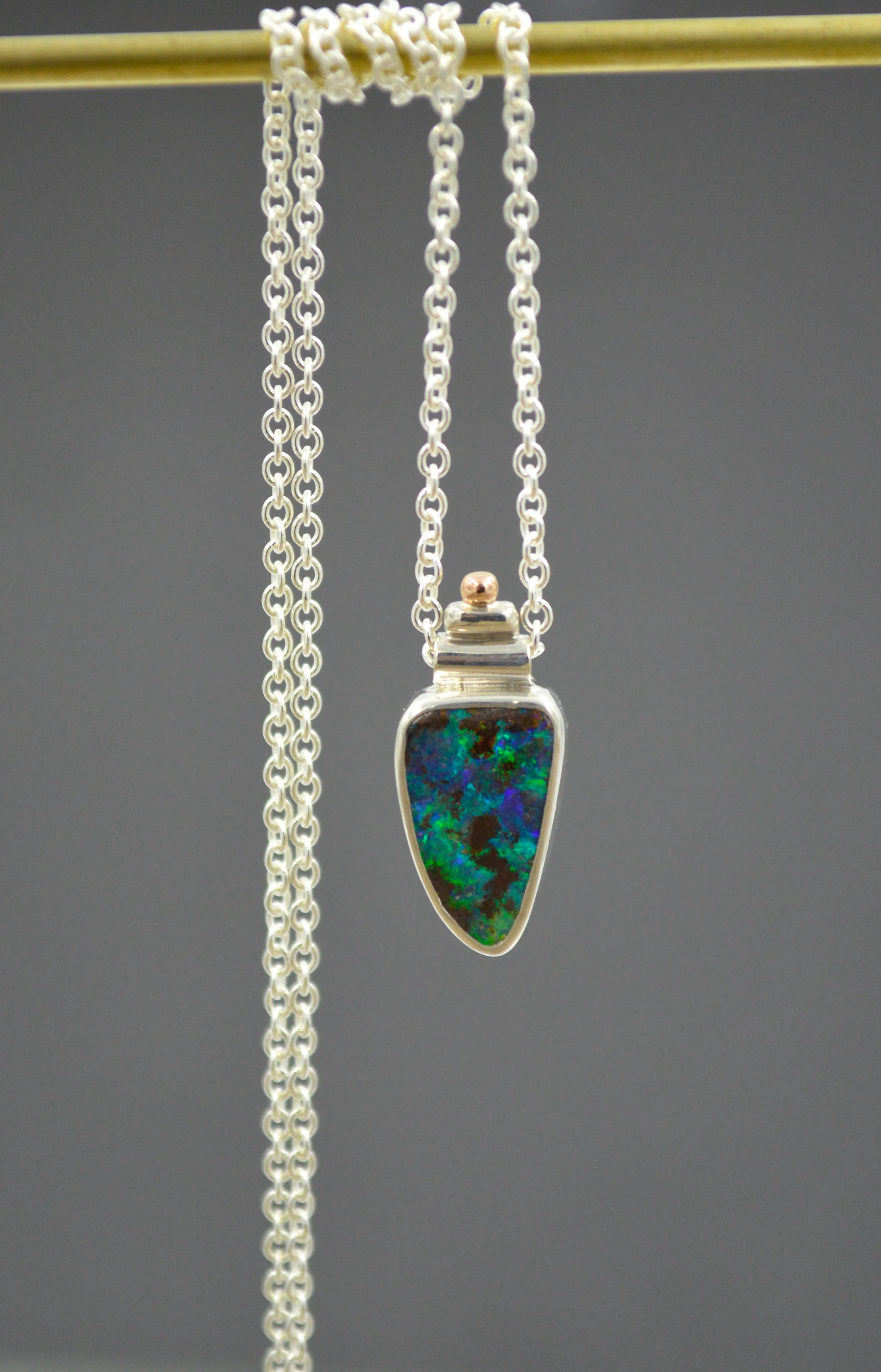 Silver and Rose Gold Bright Green and Blue Boulder Opal Necklace OOAK