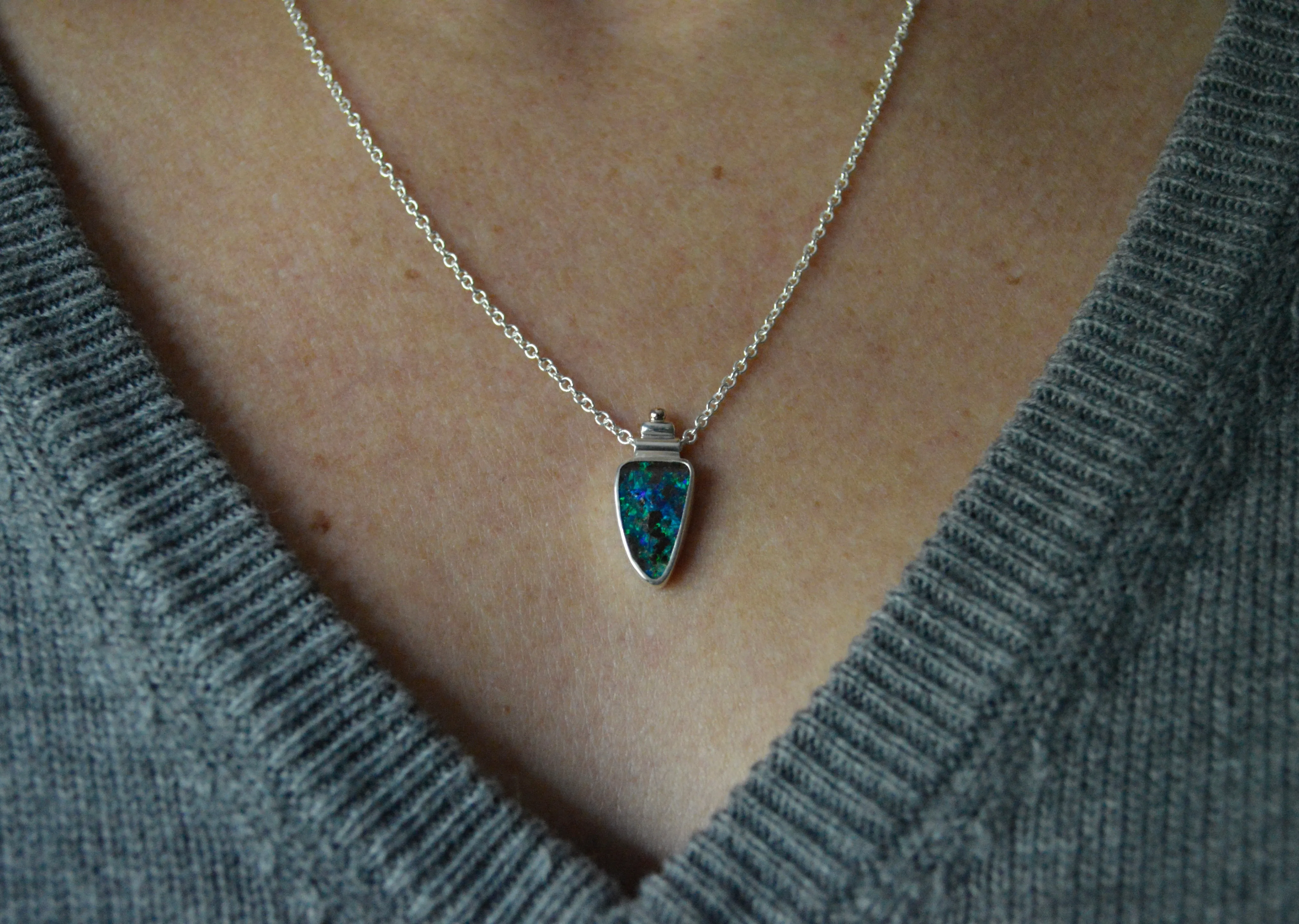 Silver and Rose Gold Bright Green and Blue Boulder Opal Necklace OOAK