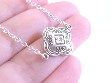 Silver Quatrefoil Necklace, silver clover necklace, small silver clover, luck necklace, antique silver, 4 lobe pendant, ornate necklace, St Patrick's Day gift