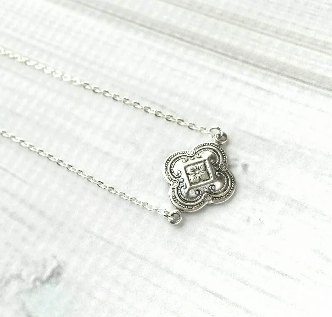 Silver Quatrefoil Necklace, silver clover necklace, small silver clover, luck necklace, antique silver, 4 lobe pendant, ornate necklace, St Patrick's Day gift