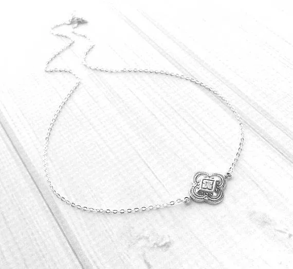 Silver Quatrefoil Necklace, silver clover necklace, small silver clover, luck necklace, antique silver, 4 lobe pendant, ornate necklace, St Patrick's Day gift