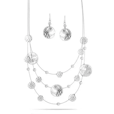 Silver Tone 3 row wire with round disc necklace and earrings set# SCE18246-SILVER(RA2-RB2/AA21)