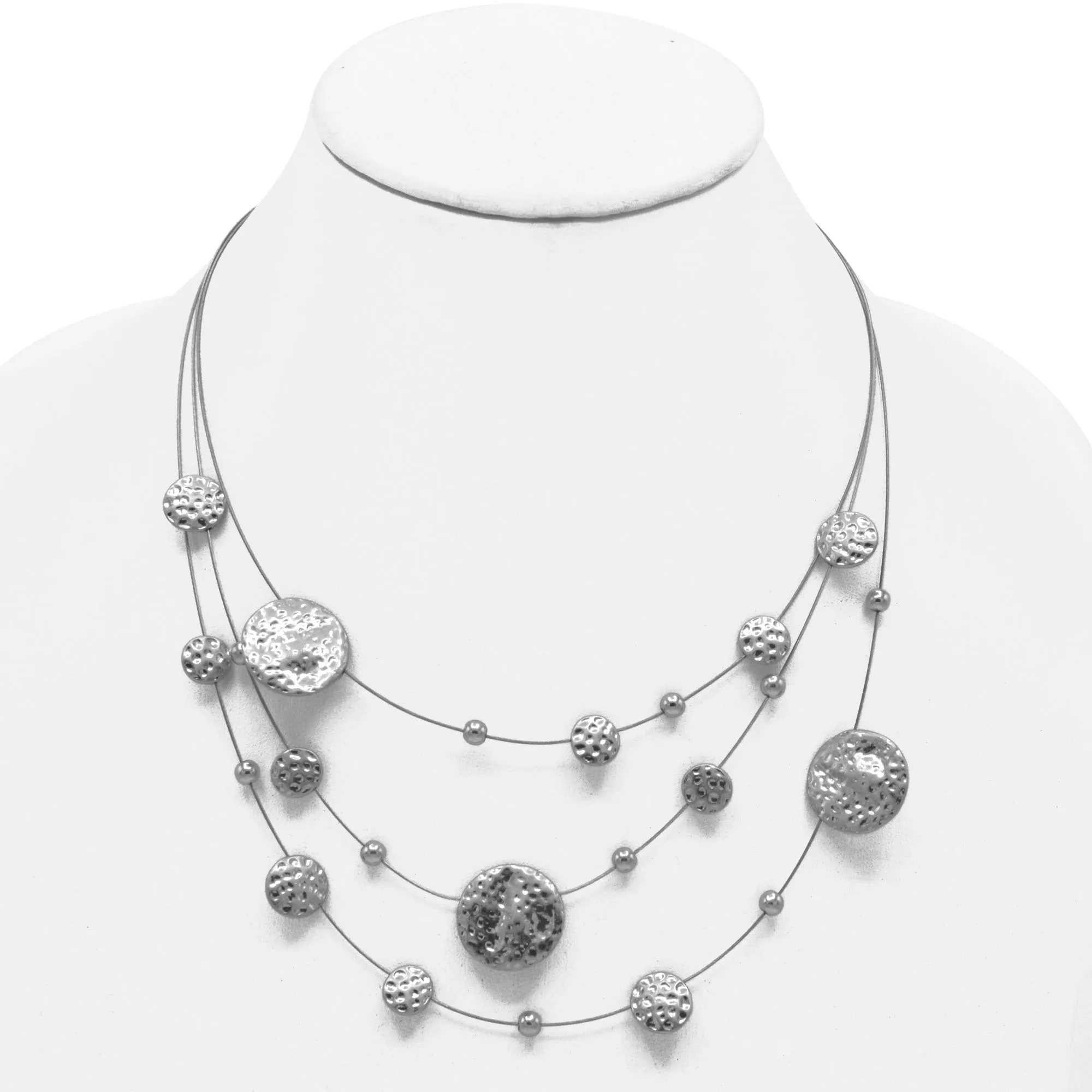 Silver Tone 3 row wire with round disc necklace and earrings set# SCE18246-SILVER(RA2-RB2/AA21)