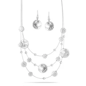 Silver Tone 3 row wire with round disc necklace and earrings set# SCE18246-SILVER(RA2-RB2/AA21)