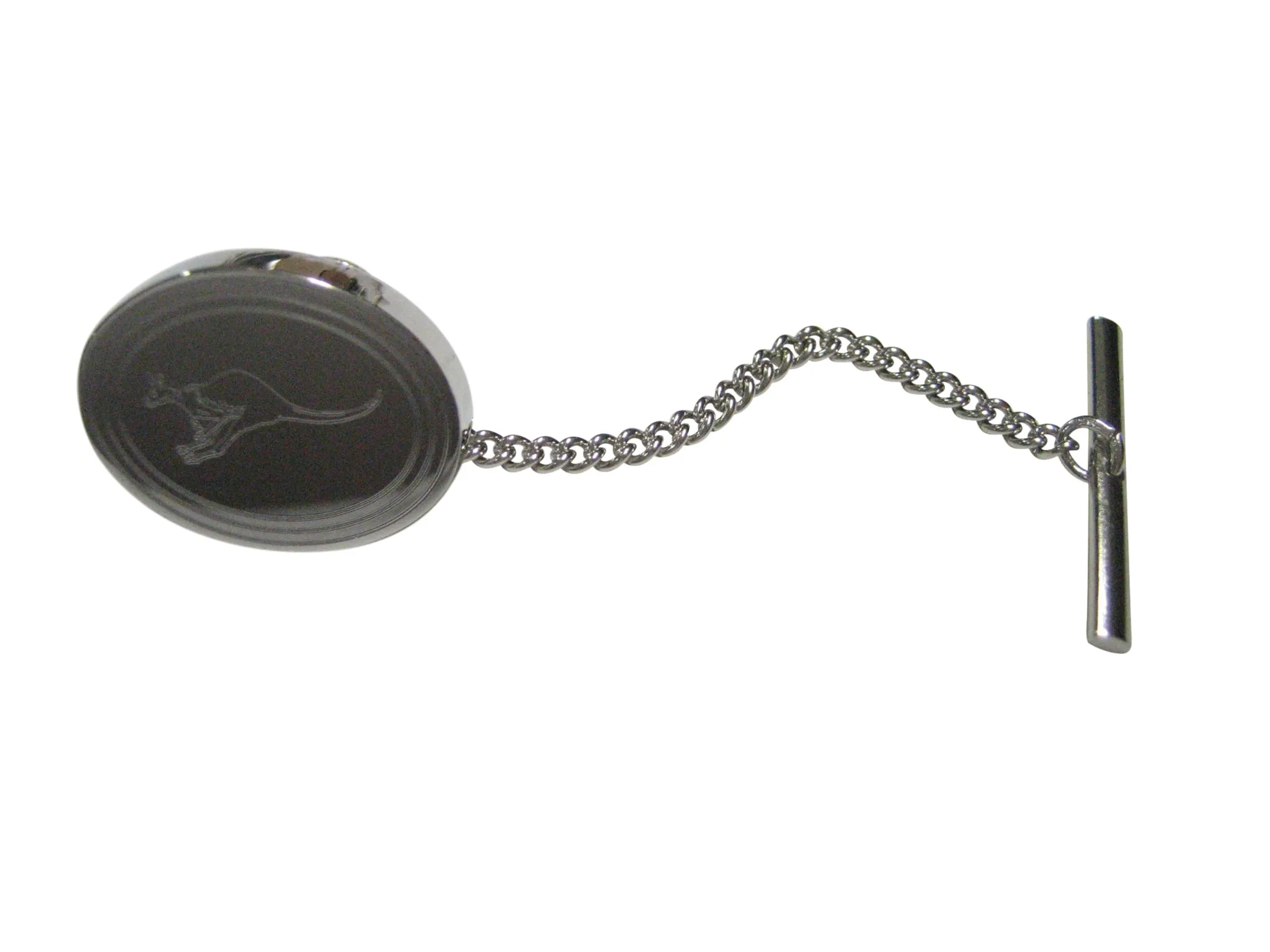 Silver Toned Etched Oval Leaping Kangaroo Tie Tack