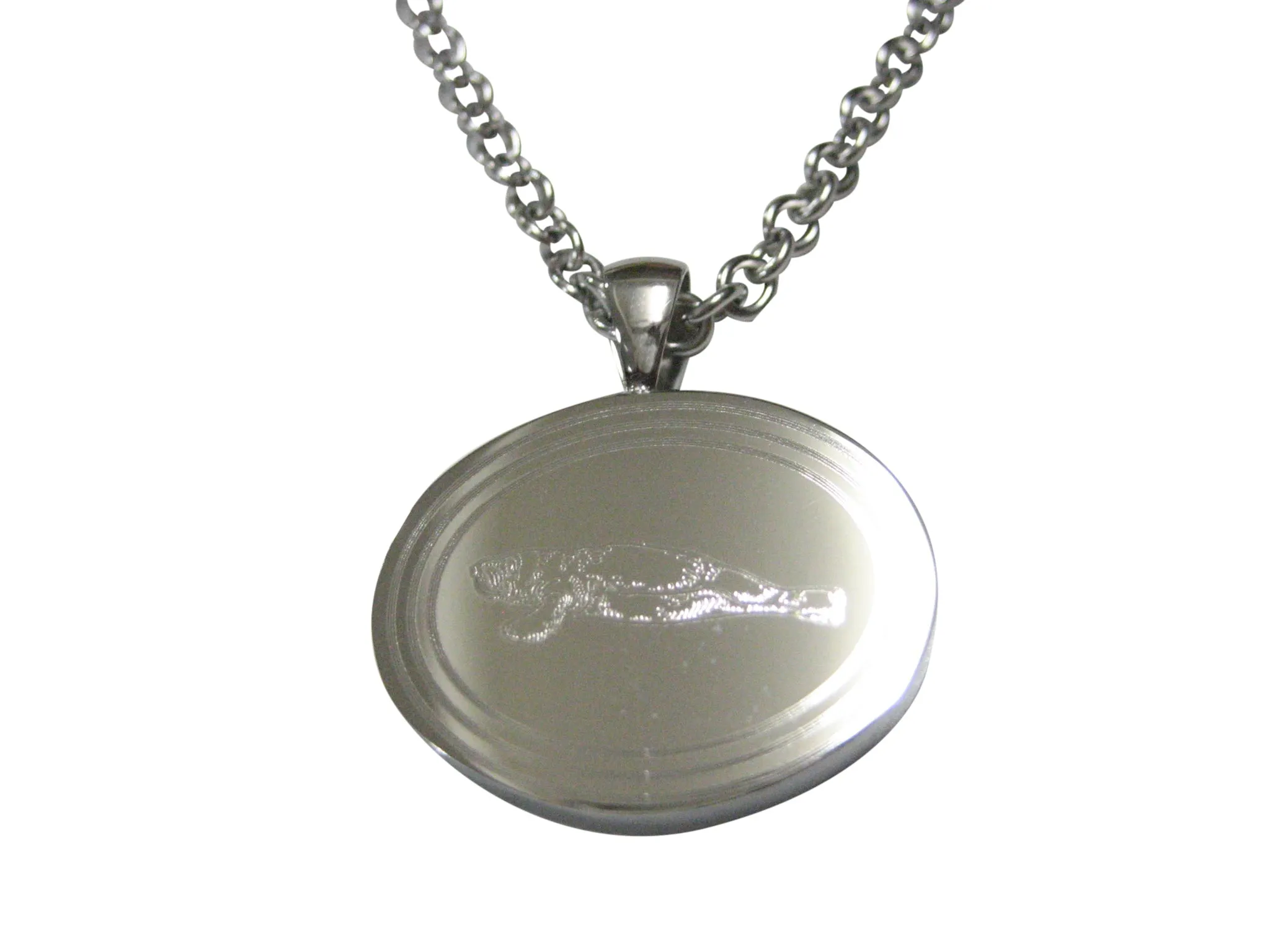 Silver Toned Oval Etched Manatee Pendant Necklace