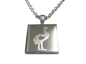 Silver Toned Square Etched Cassowary Bird Pendant Necklace