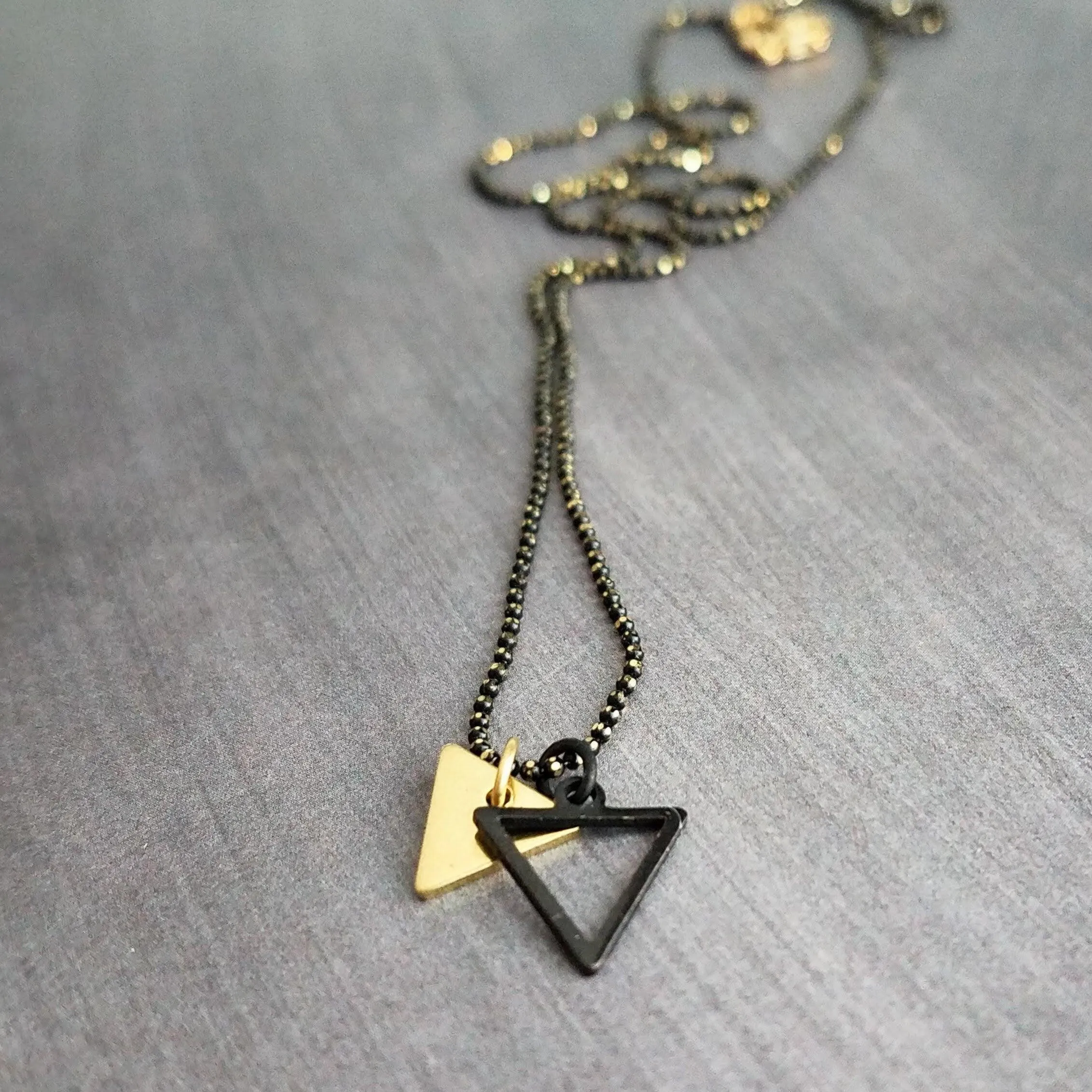 Small Triangle Necklace, black gold necklace, double layer pendant, double triangle necklace, triangle outline necklace, black ball chain