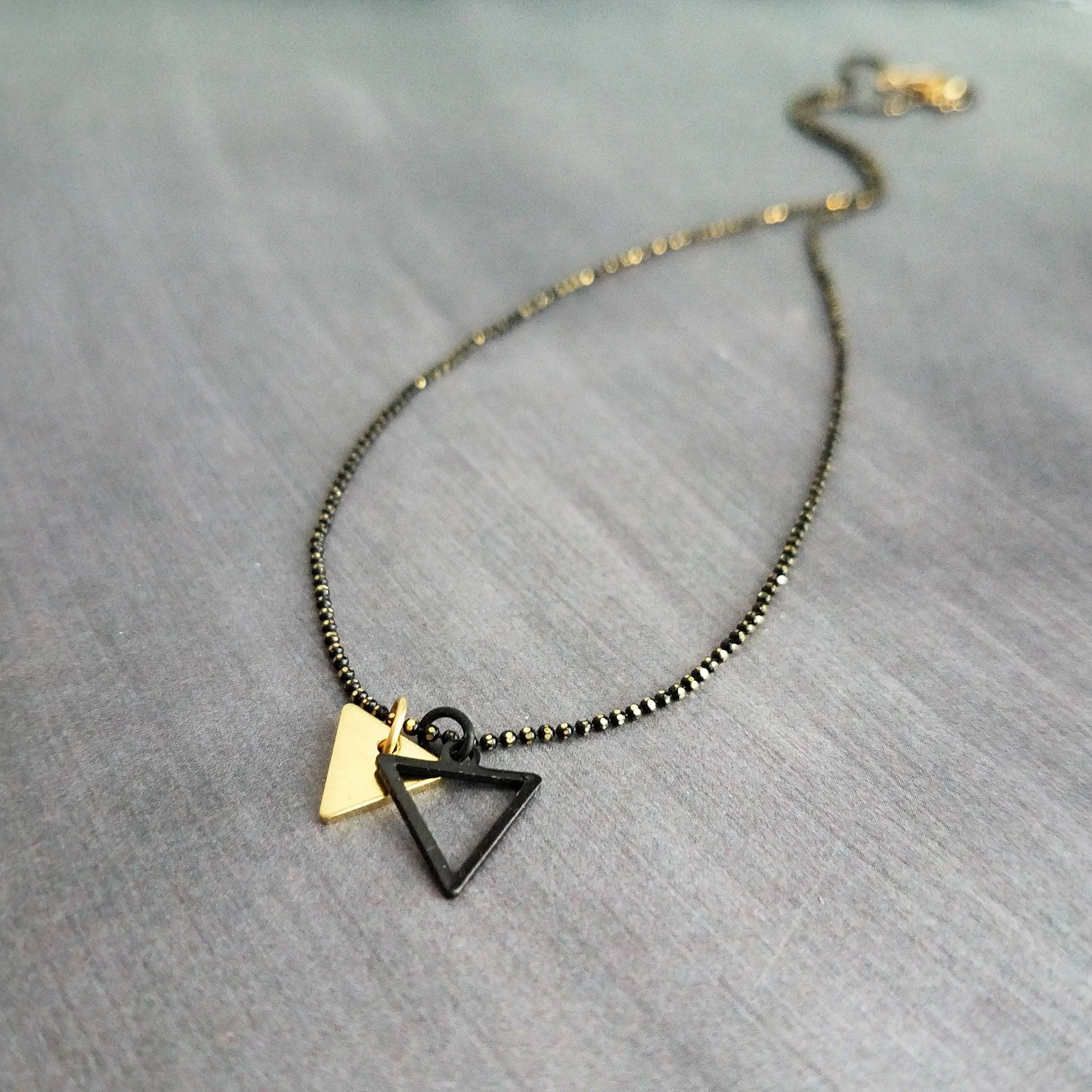 Small Triangle Necklace, black gold necklace, double layer pendant, double triangle necklace, triangle outline necklace, black ball chain