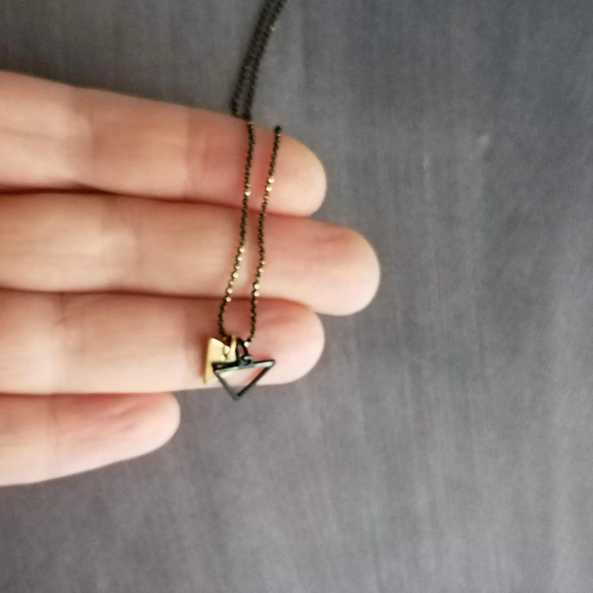 Small Triangle Necklace, black gold necklace, double layer pendant, double triangle necklace, triangle outline necklace, black ball chain