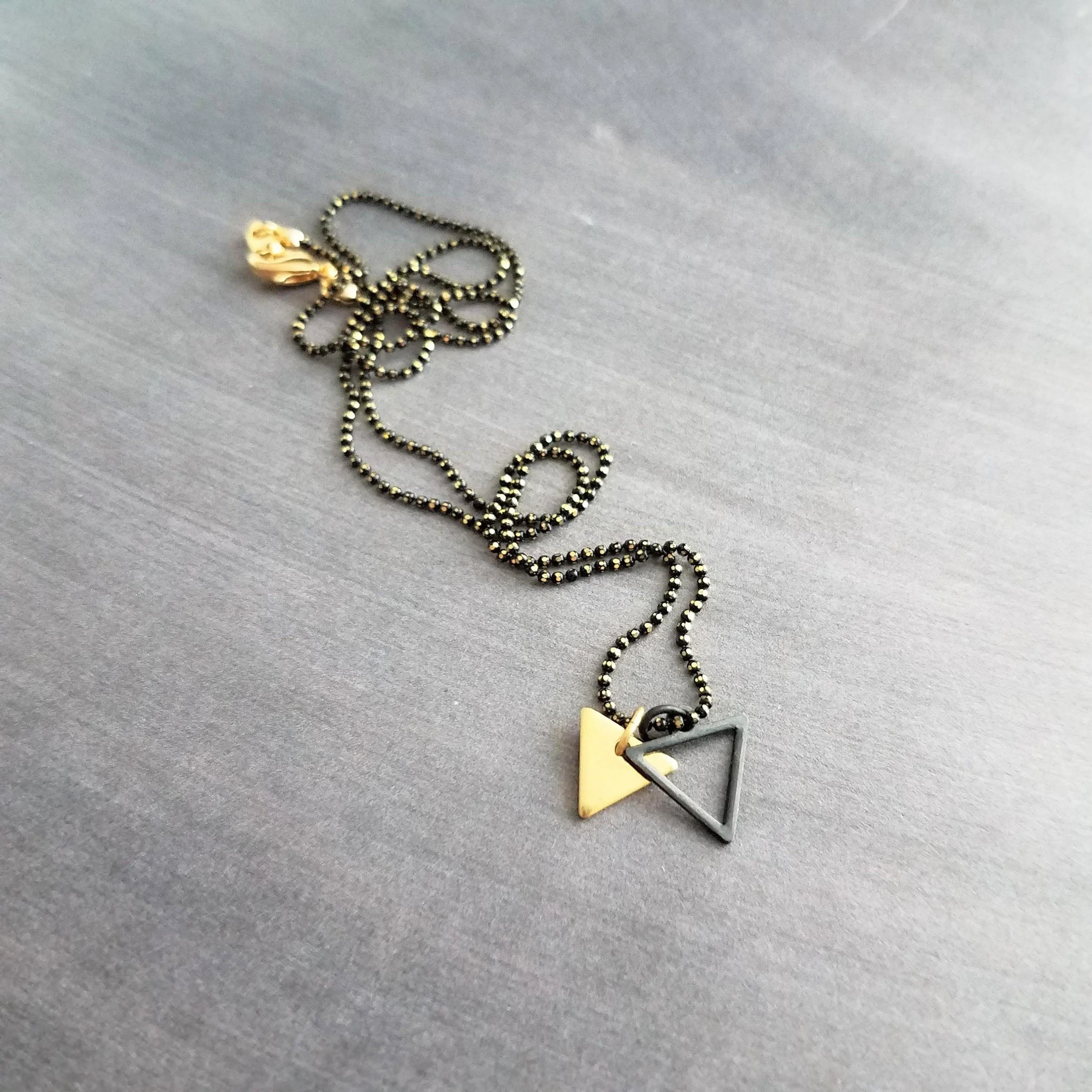 Small Triangle Necklace, black gold necklace, double layer pendant, double triangle necklace, triangle outline necklace, black ball chain
