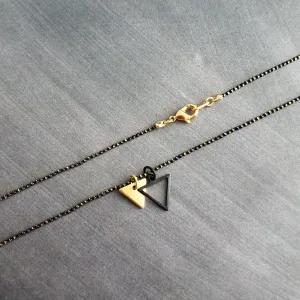 Small Triangle Necklace, black gold necklace, double layer pendant, double triangle necklace, triangle outline necklace, black ball chain