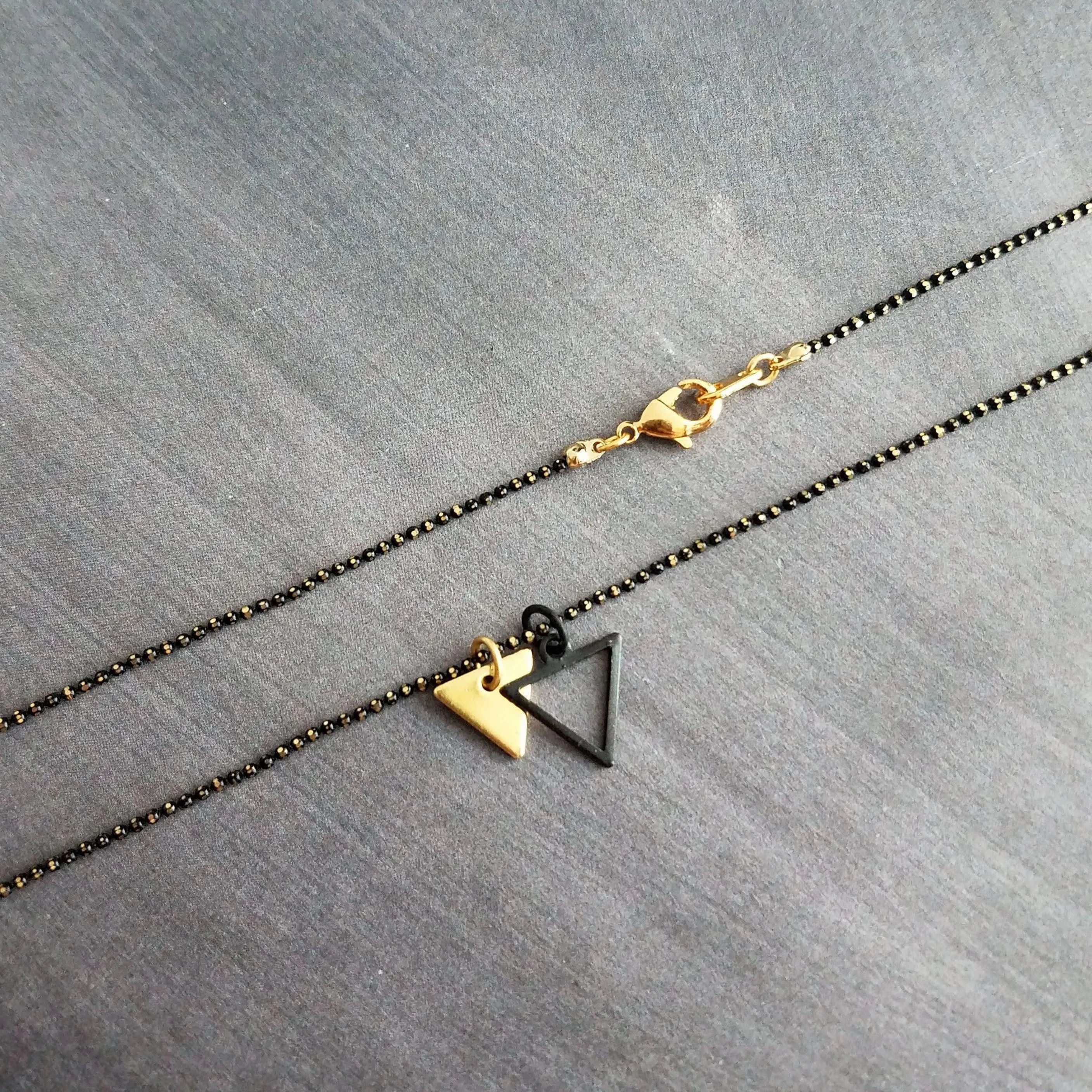 Small Triangle Necklace, black gold necklace, double layer pendant, double triangle necklace, triangle outline necklace, black ball chain