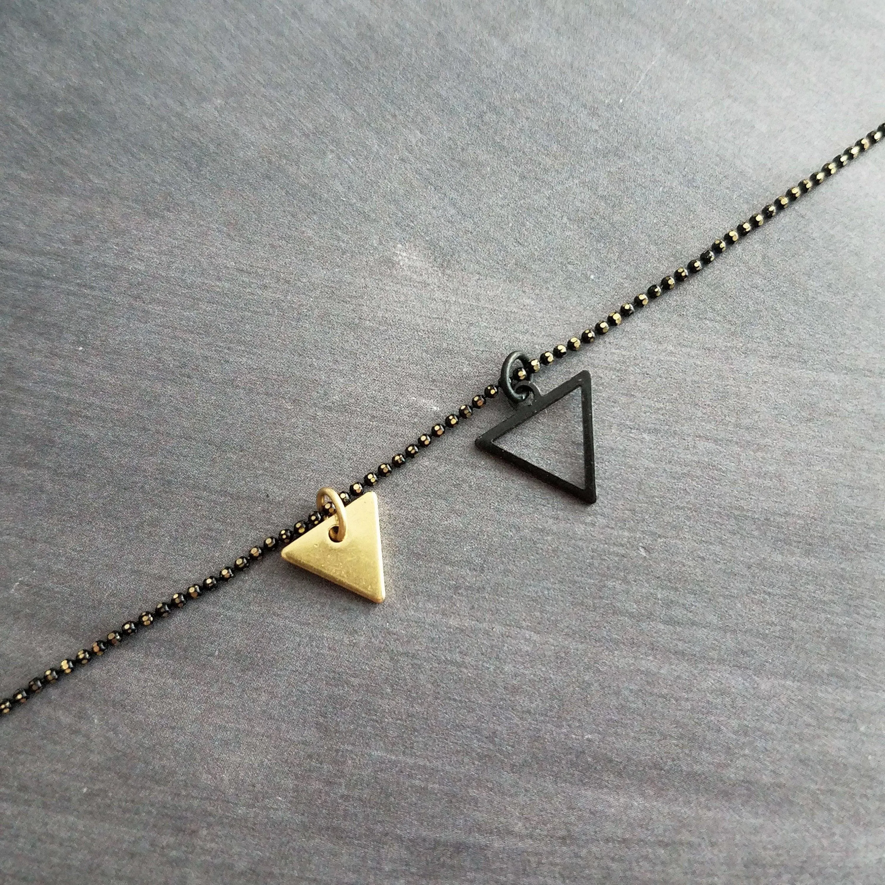 Small Triangle Necklace, black gold necklace, double layer pendant, double triangle necklace, triangle outline necklace, black ball chain