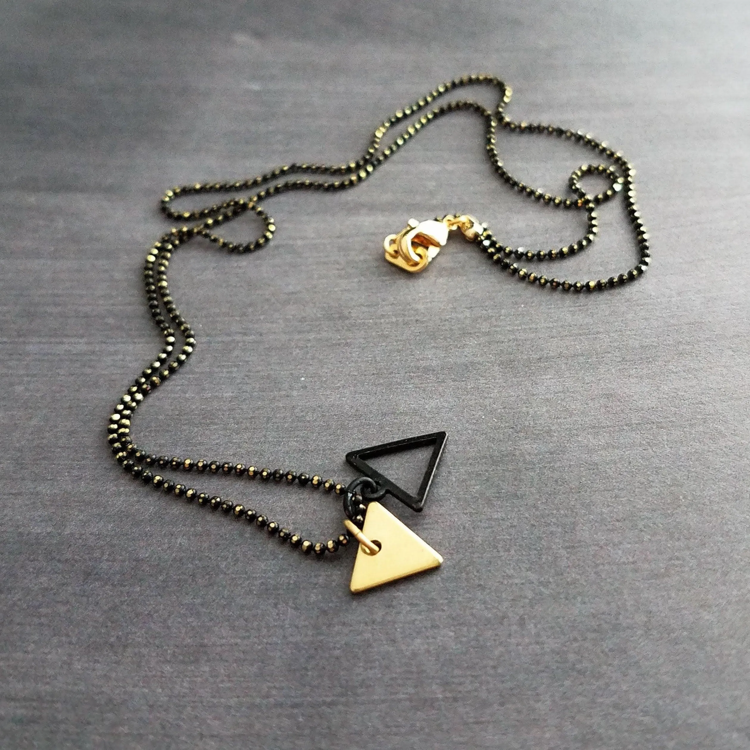 Small Triangle Necklace, black gold necklace, double layer pendant, double triangle necklace, triangle outline necklace, black ball chain