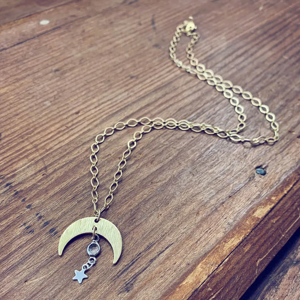 solar nebula // crescent moon, crystal & silver star drop necklace