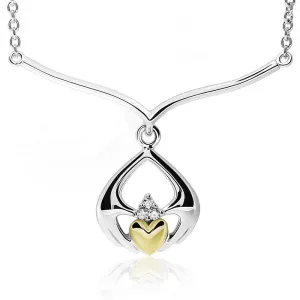 Sterling Silver and 14K Gold Mix - Diamond Claddagh Necklace UPS-6170