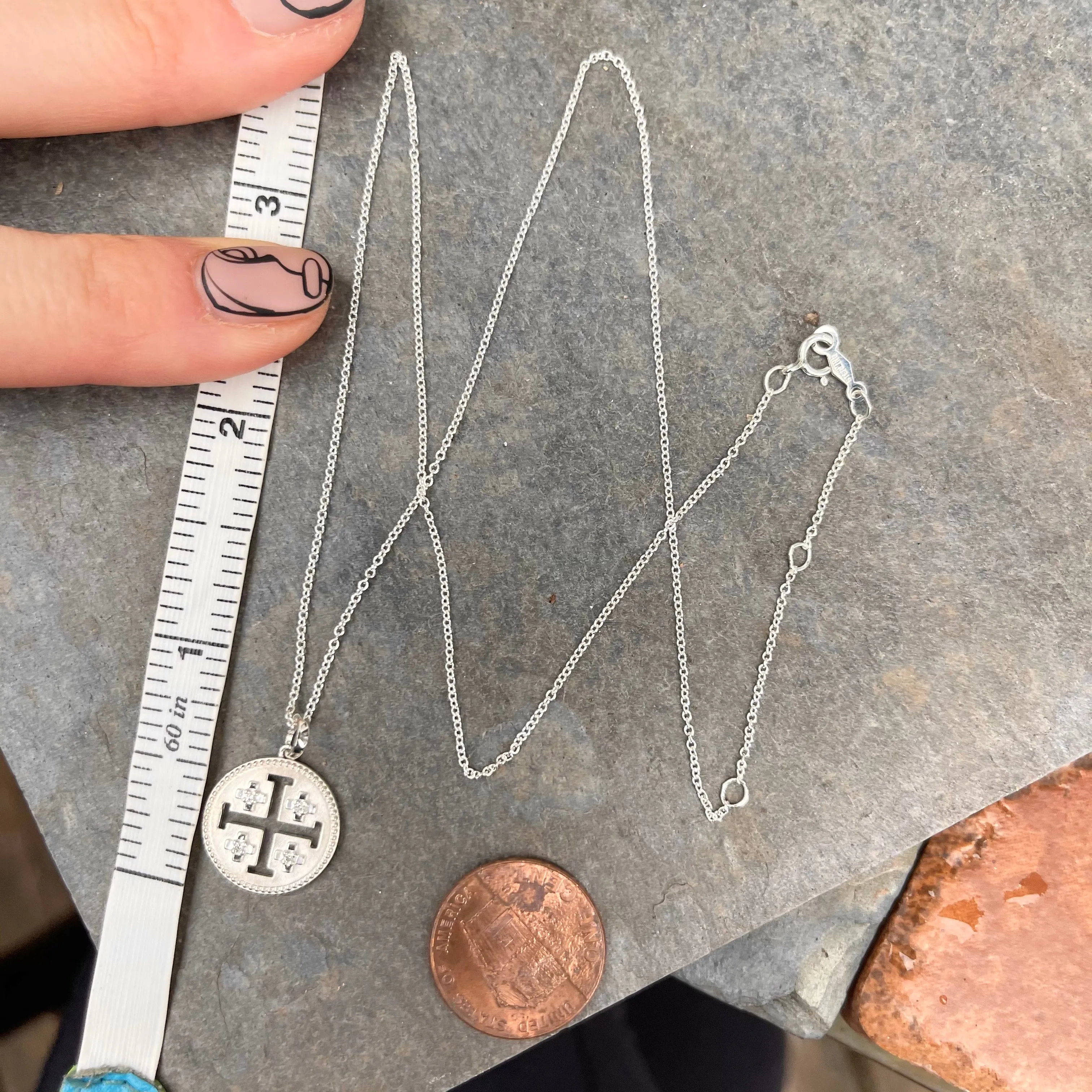 Sterling Silver Jerusalem Cross Diamond Medal Pendant Necklace