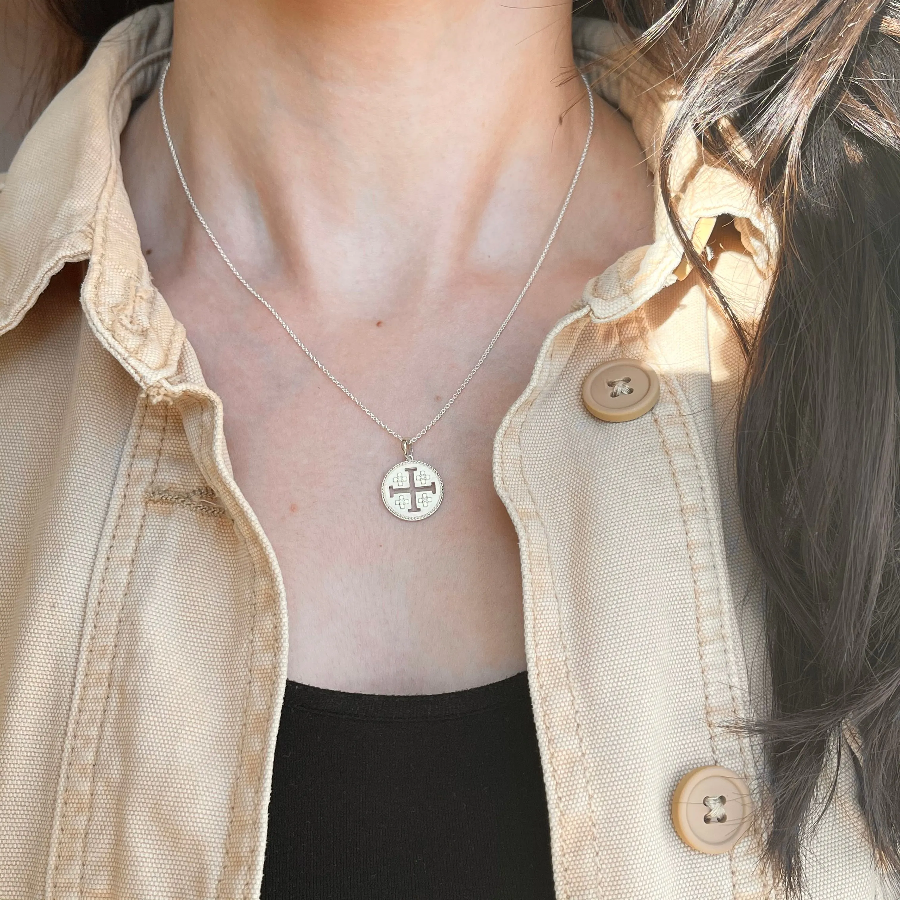 Sterling Silver Jerusalem Cross Diamond Medal Pendant Necklace