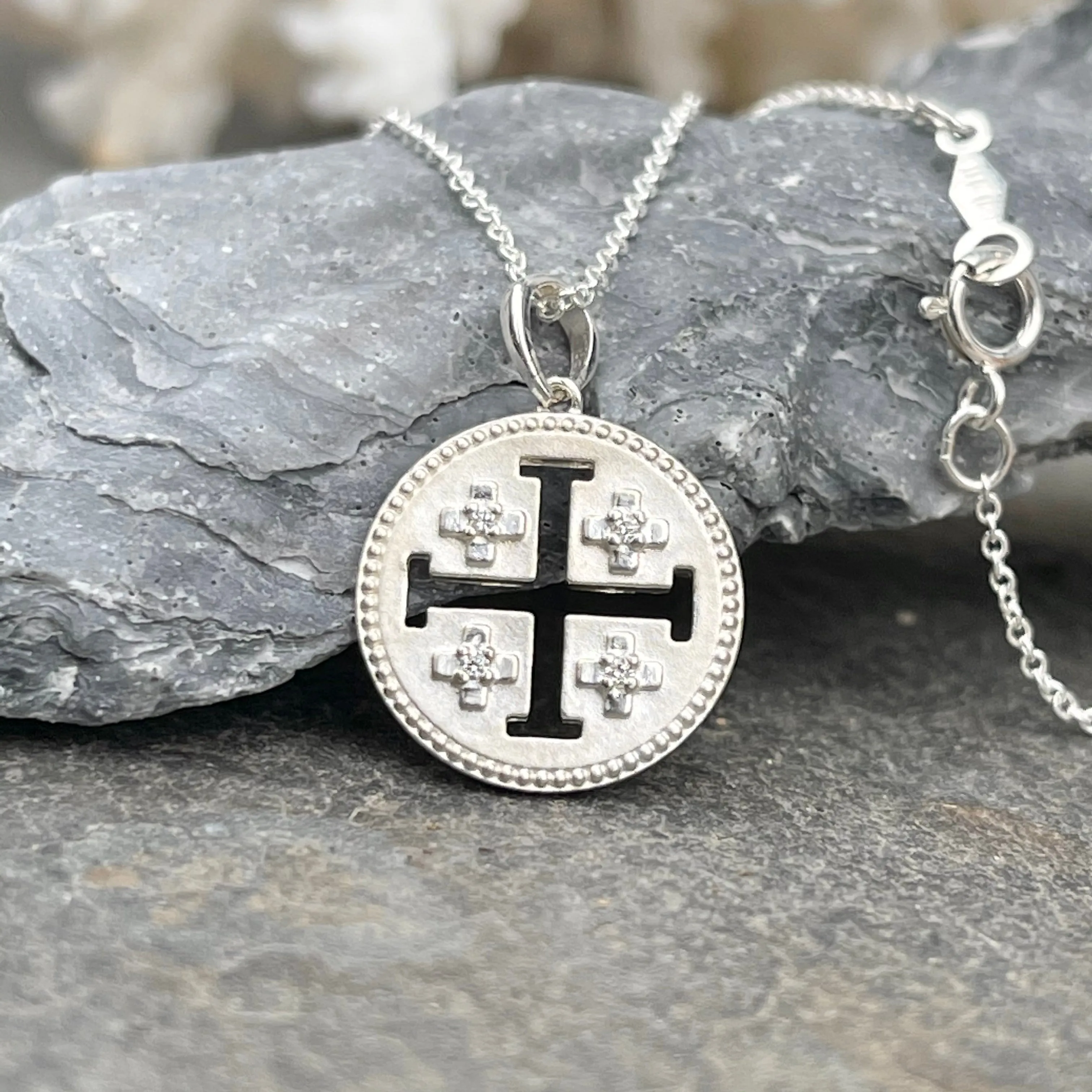 Sterling Silver Jerusalem Cross Diamond Medal Pendant Necklace