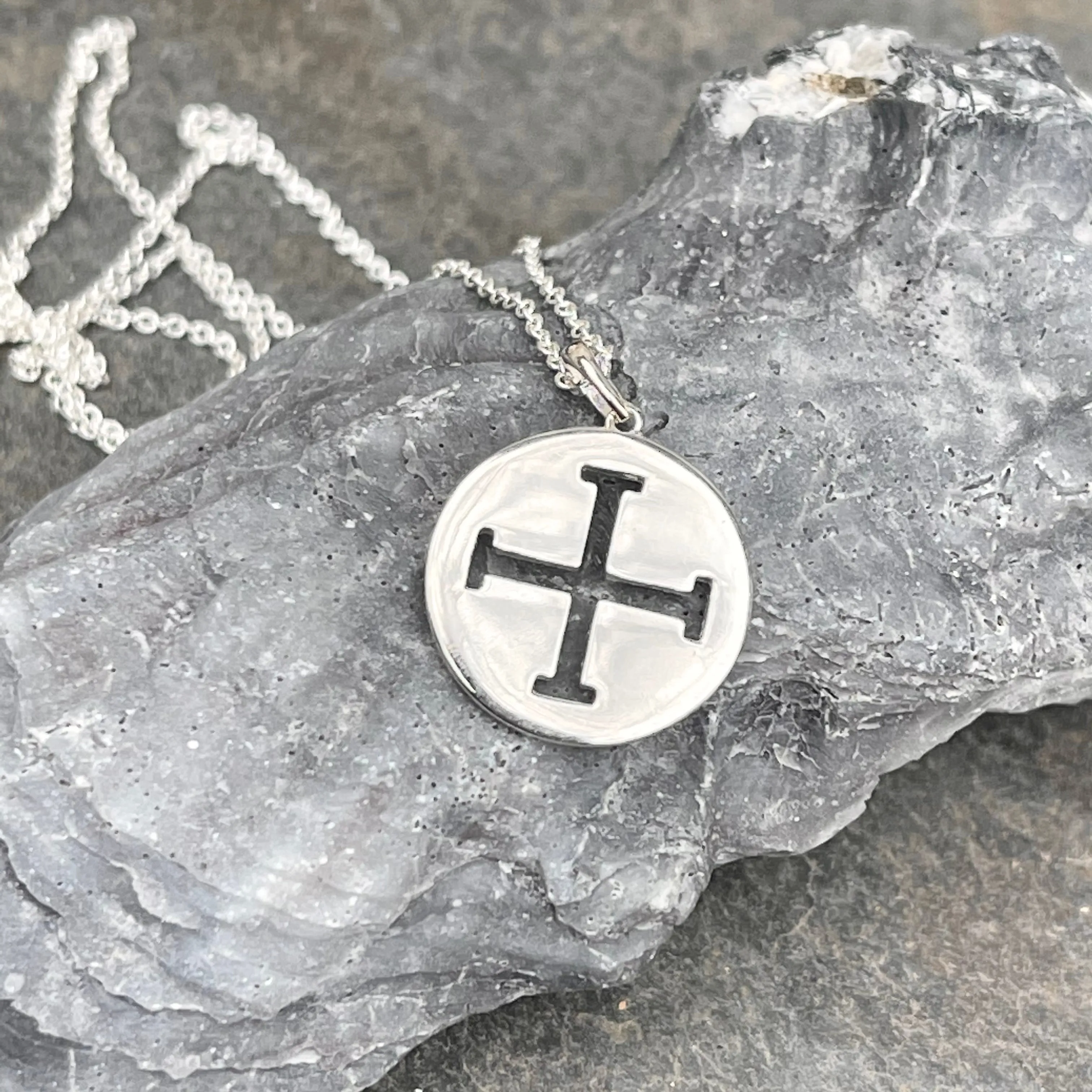 Sterling Silver Jerusalem Cross Diamond Medal Pendant Necklace