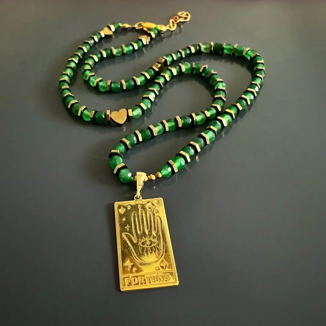 Tarot Good Fortune Gold Pendant Green Beaded Necklace