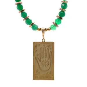 Tarot Good Fortune Gold Pendant Green Beaded Necklace