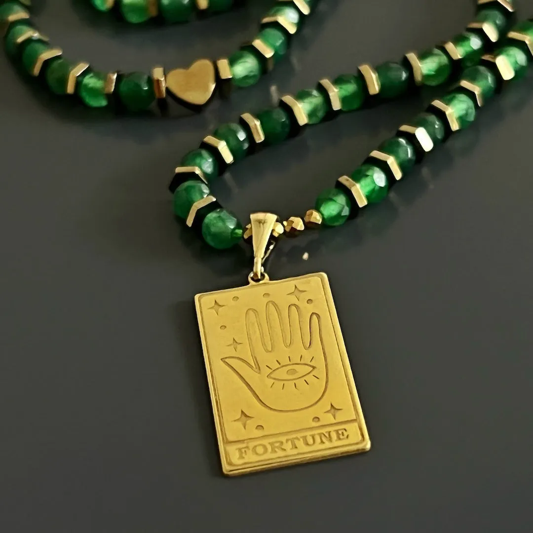 Tarot Good Fortune Gold Pendant Green Beaded Necklace