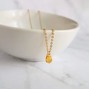 Topaz Gold Necklace, tiny topaz glass drop, honey pendant, glass teardrop necklace, 14K gold fill necklace, 14K gold fill chain, delicate