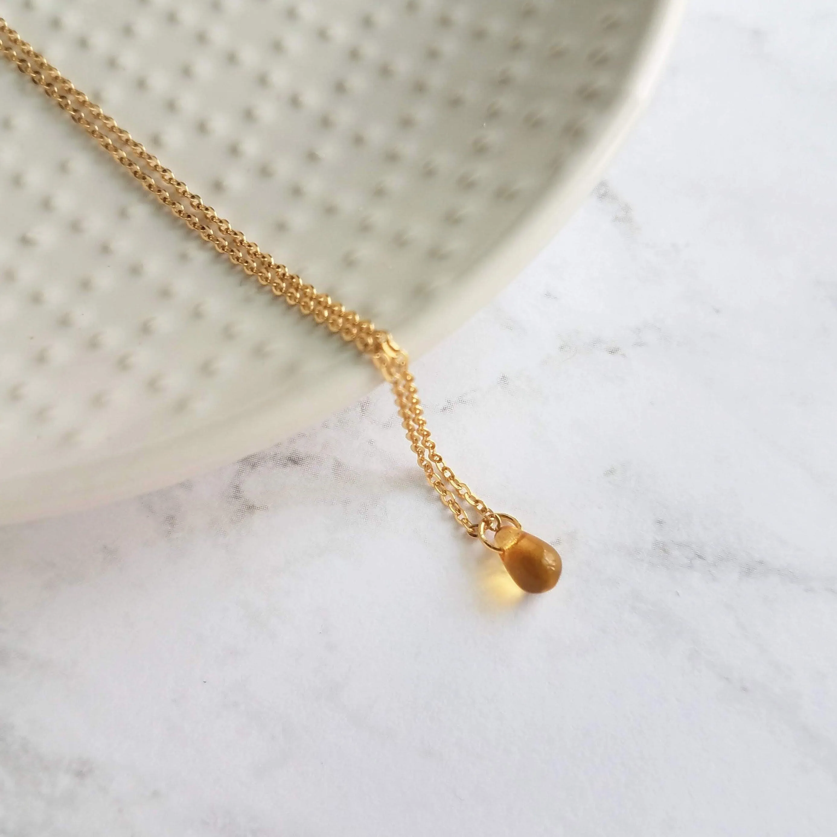 Topaz Gold Necklace, tiny topaz glass drop, honey pendant, glass teardrop necklace, 14K gold fill necklace, 14K gold fill chain, delicate