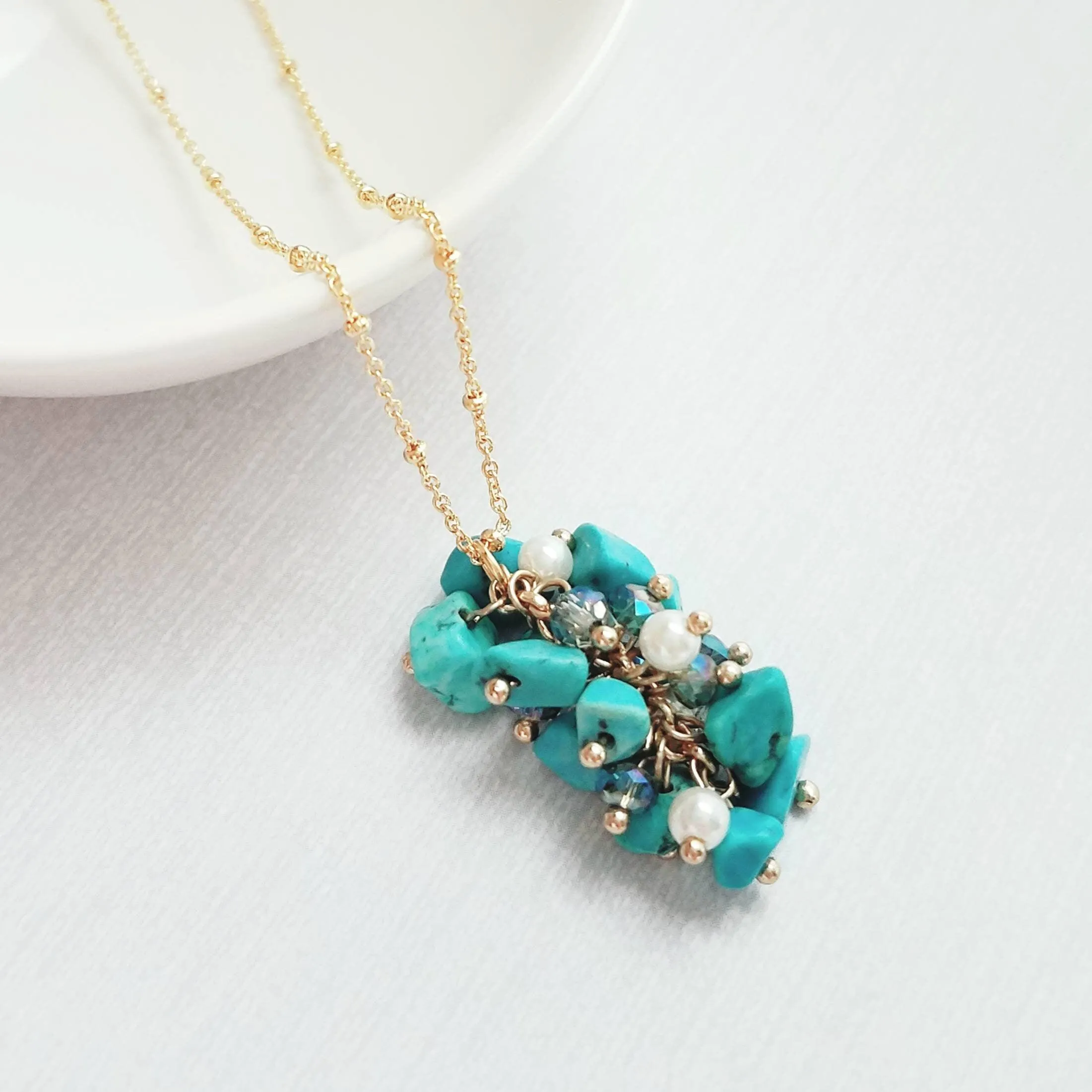 Turquoise Stone Necklace - stone cluster pendant, turquoise necklace, blue stone necklace, pebble necklace, cluster necklace, turquoise gold