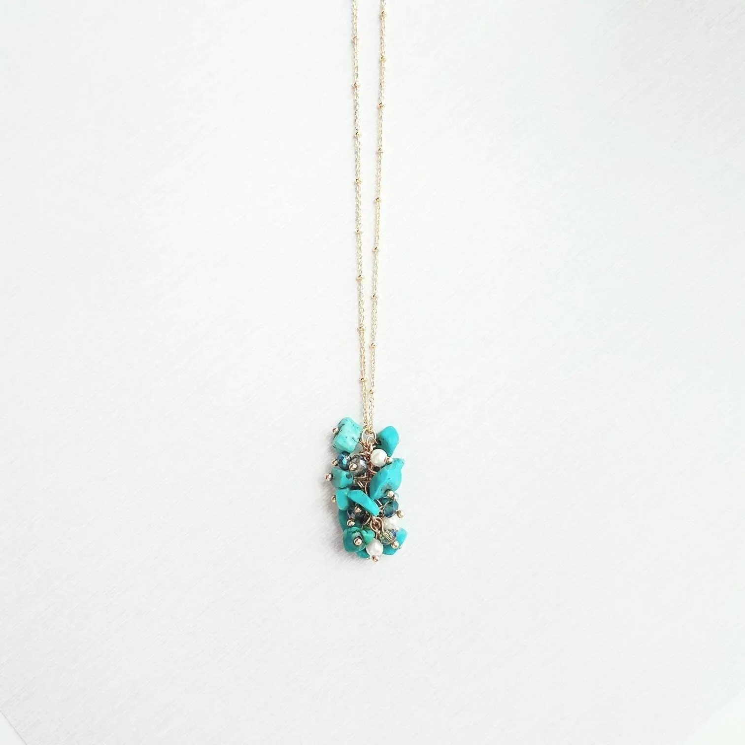 Turquoise Stone Necklace - stone cluster pendant, turquoise necklace, blue stone necklace, pebble necklace, cluster necklace, turquoise gold