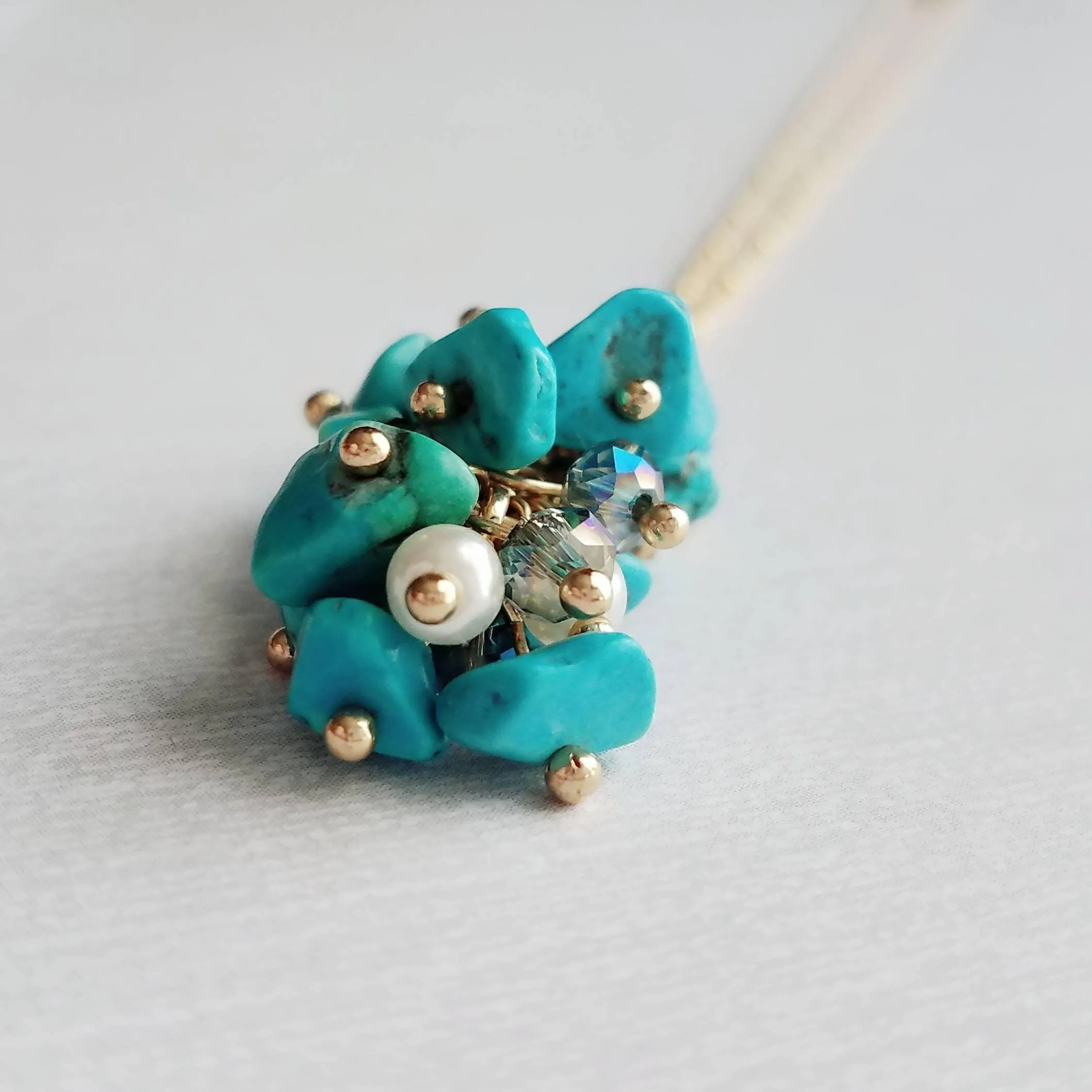 Turquoise Stone Necklace - stone cluster pendant, turquoise necklace, blue stone necklace, pebble necklace, cluster necklace, turquoise gold
